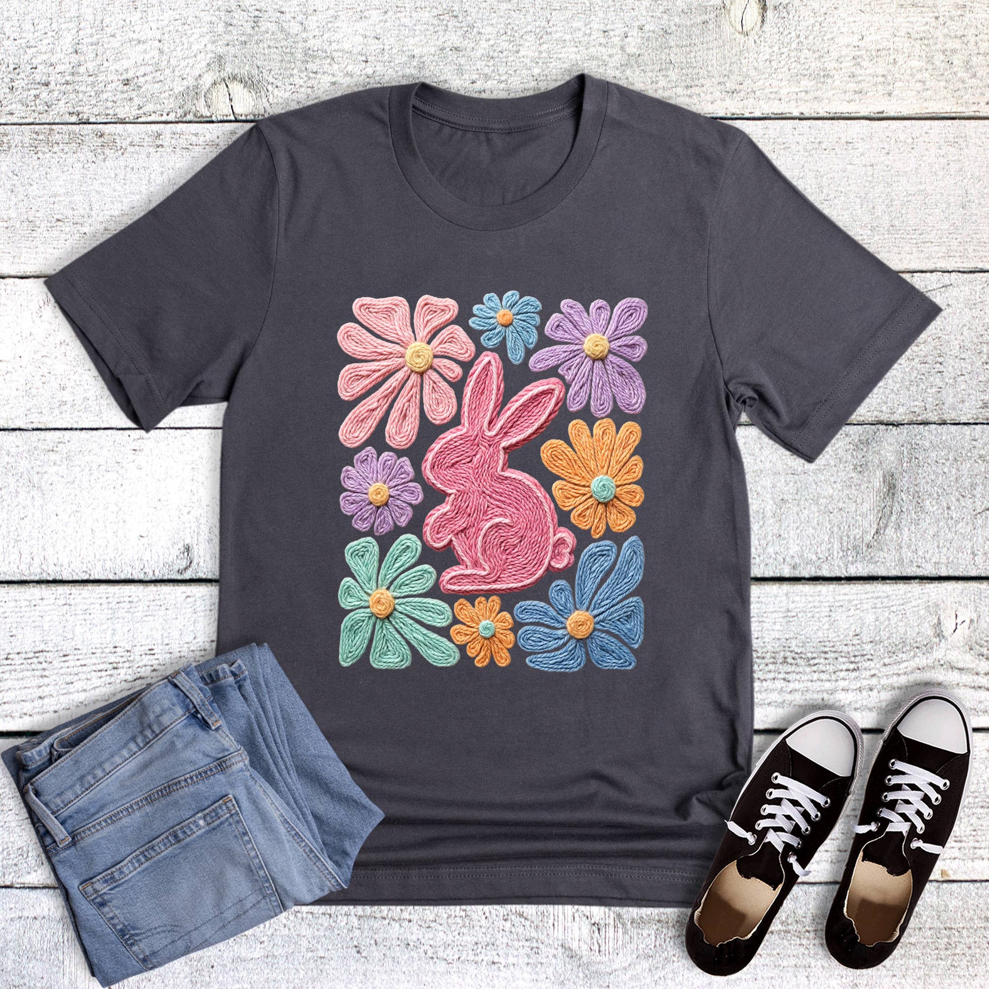 Easter Boho Bunny Faux Sew Graphic Tee Hoodie, Sweatshirt | PodTeesHub.com