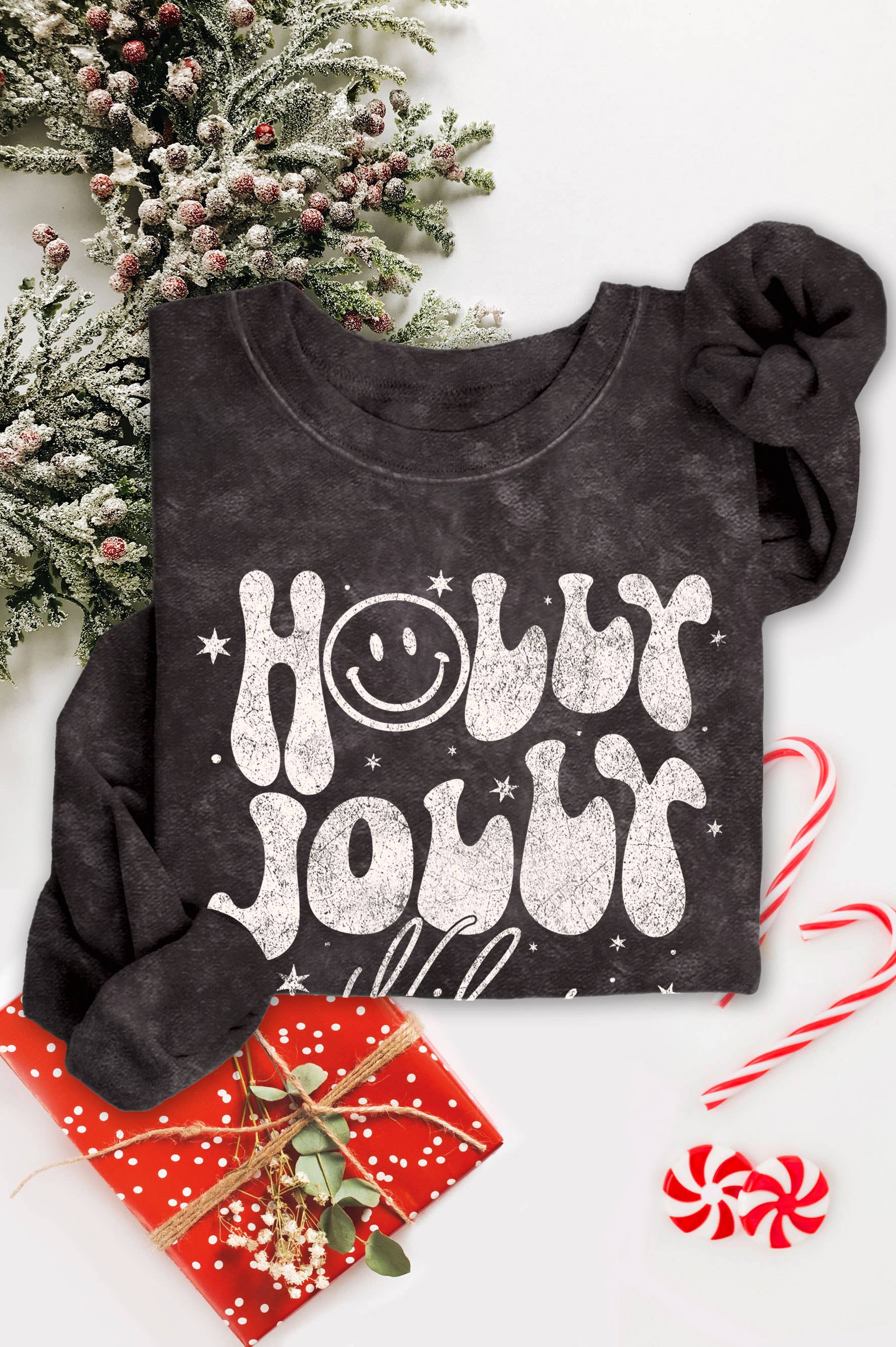 Holly Jolly Vibes Smile Graphic Mineral Brushed Sweatshirt T-Shirts, Hoodie | PodTeesHub.com