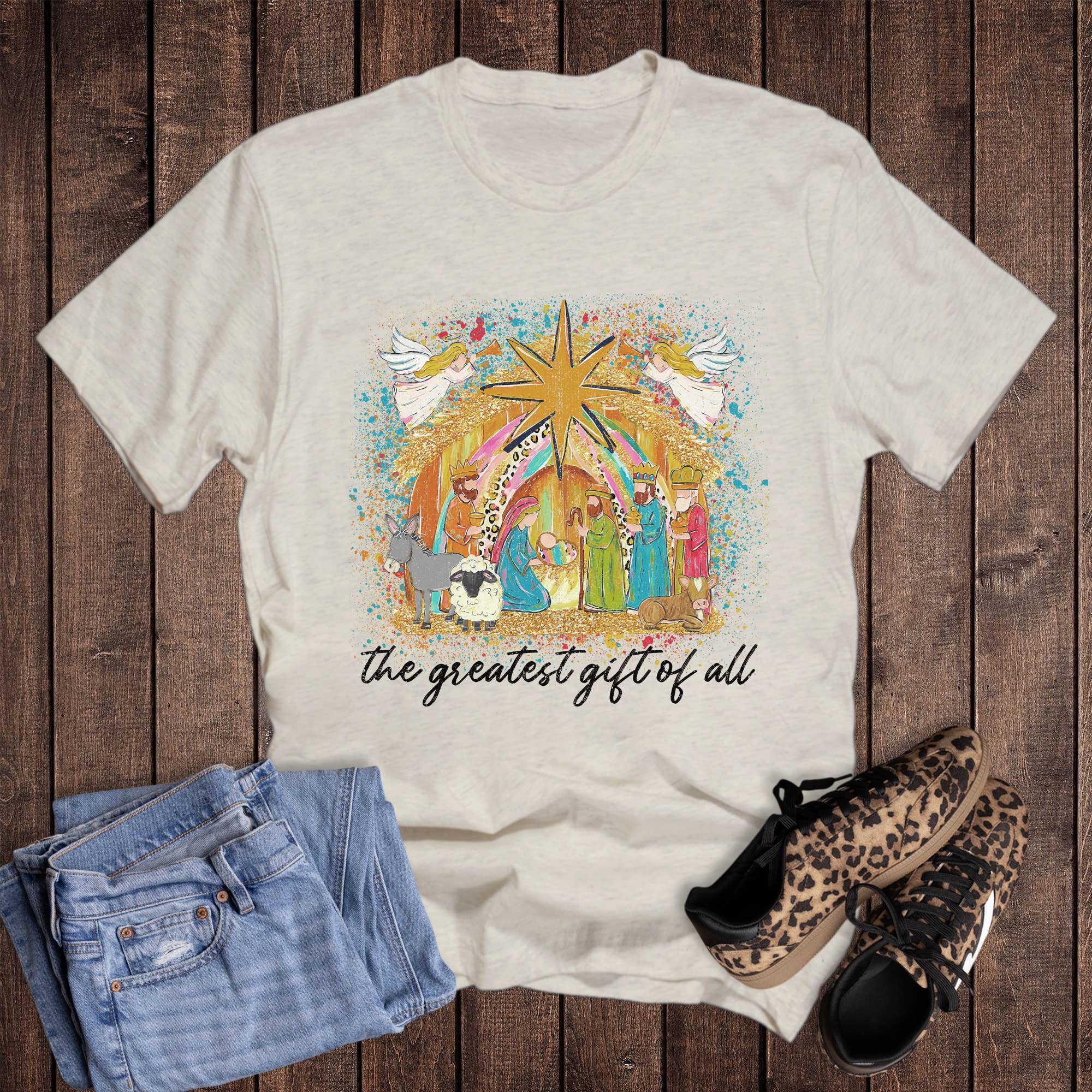Christmas Faith Nativity Greatest Gift of All Graphic Tee Hoodie, Sweatshirt | PodTeesHub.com