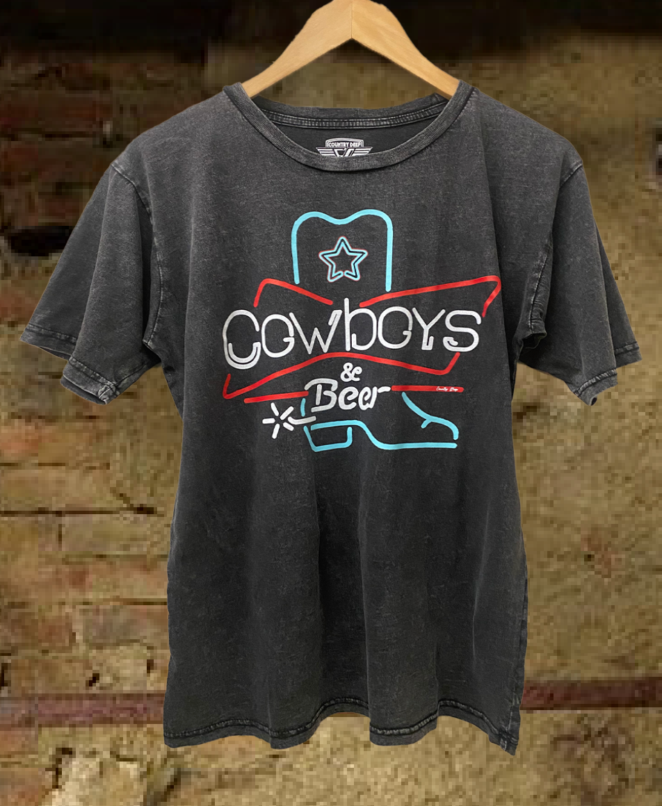 Cowboys & Beer Neon Boot Acid Washed 90's Unisex T Shirt Hoodie, Sweatshirt | PodTeesHub.com