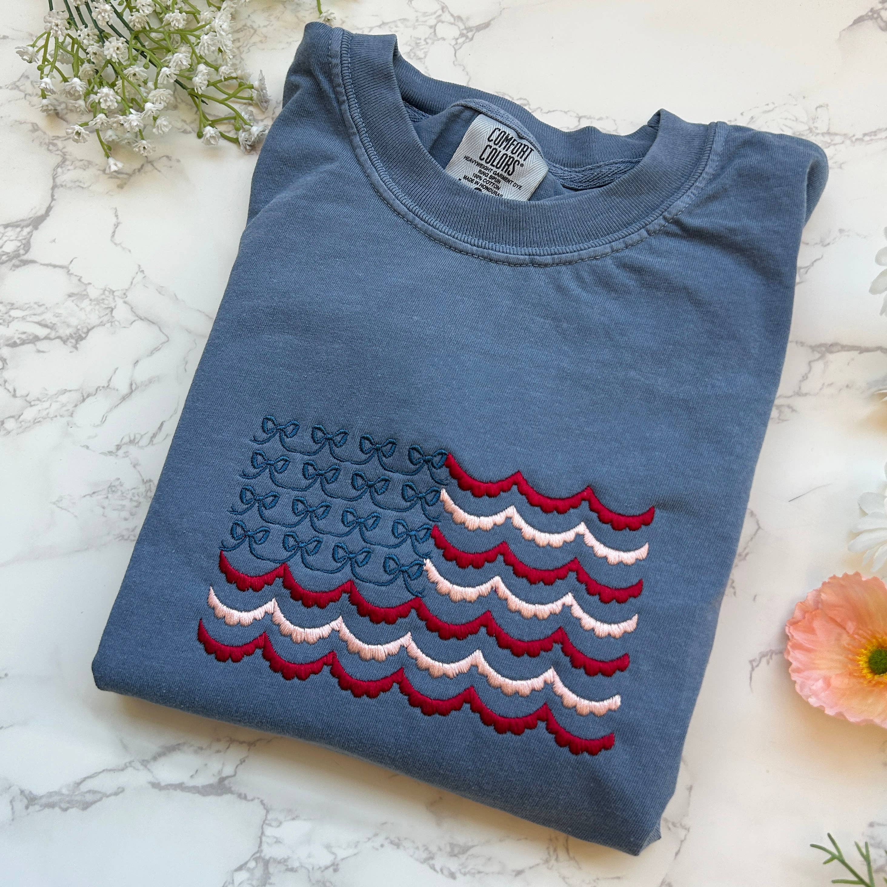 Embroidered Coquette Bow 4th of July American Flag Tshirt Hoodie, Sweatshirt | PodTeesHub.com