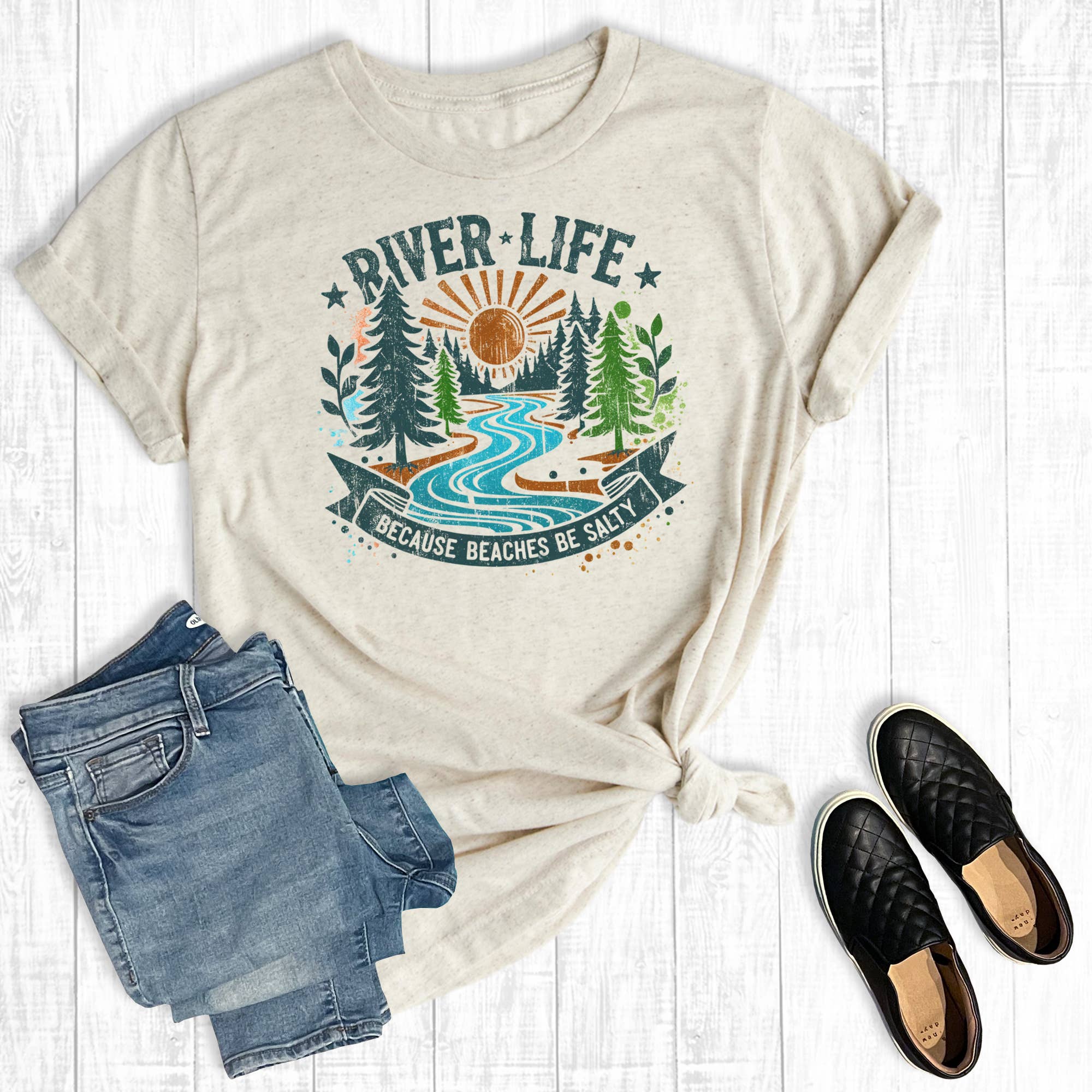 Retro Summer Forest River Live Graphic Tee Hoodie, Sweatshirt | PodTeesHub.com