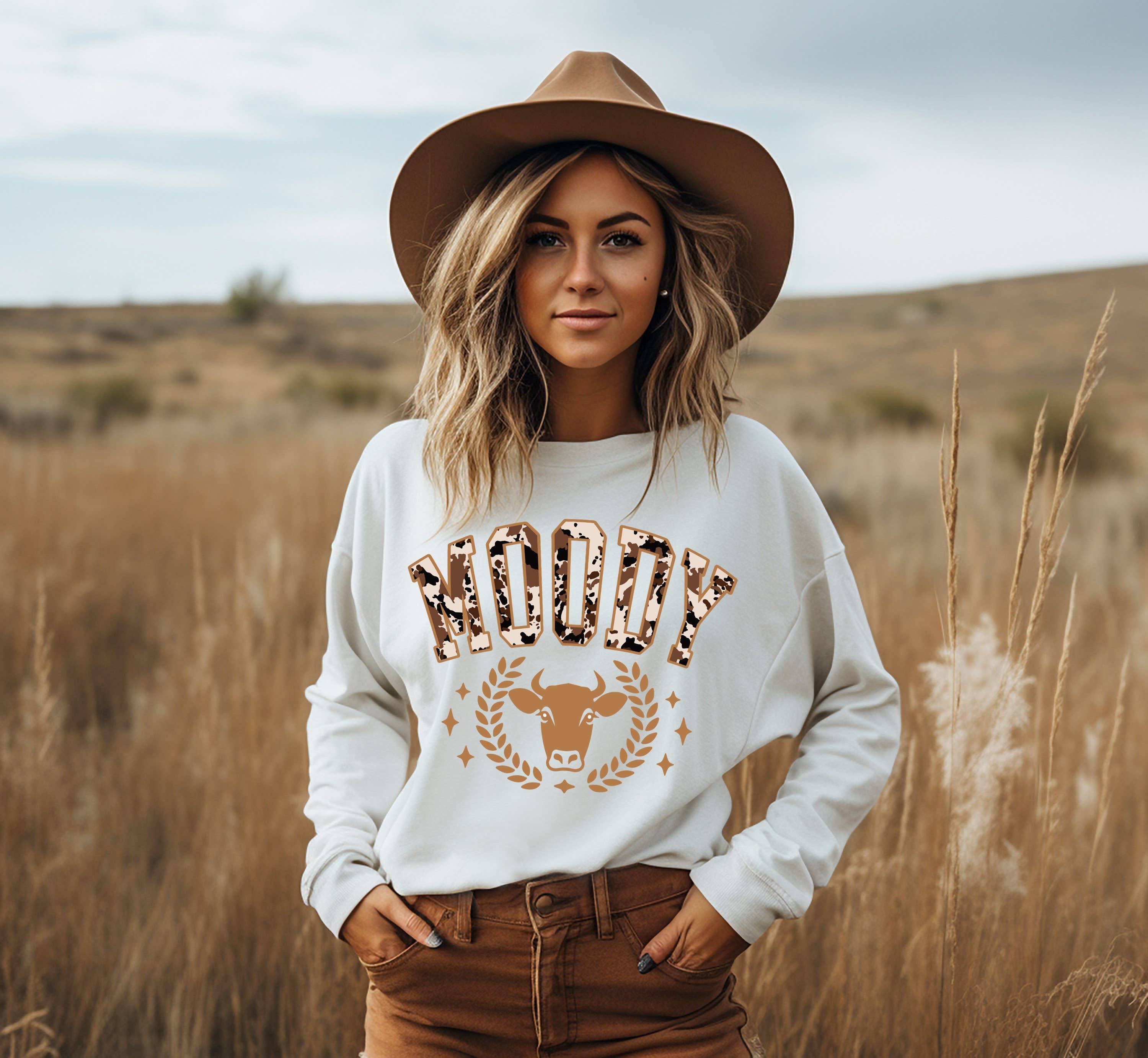 Moody Varsity Cow Crew Neck Sweatshirt T-Shirts, Hoodie | PodTeesHub.com