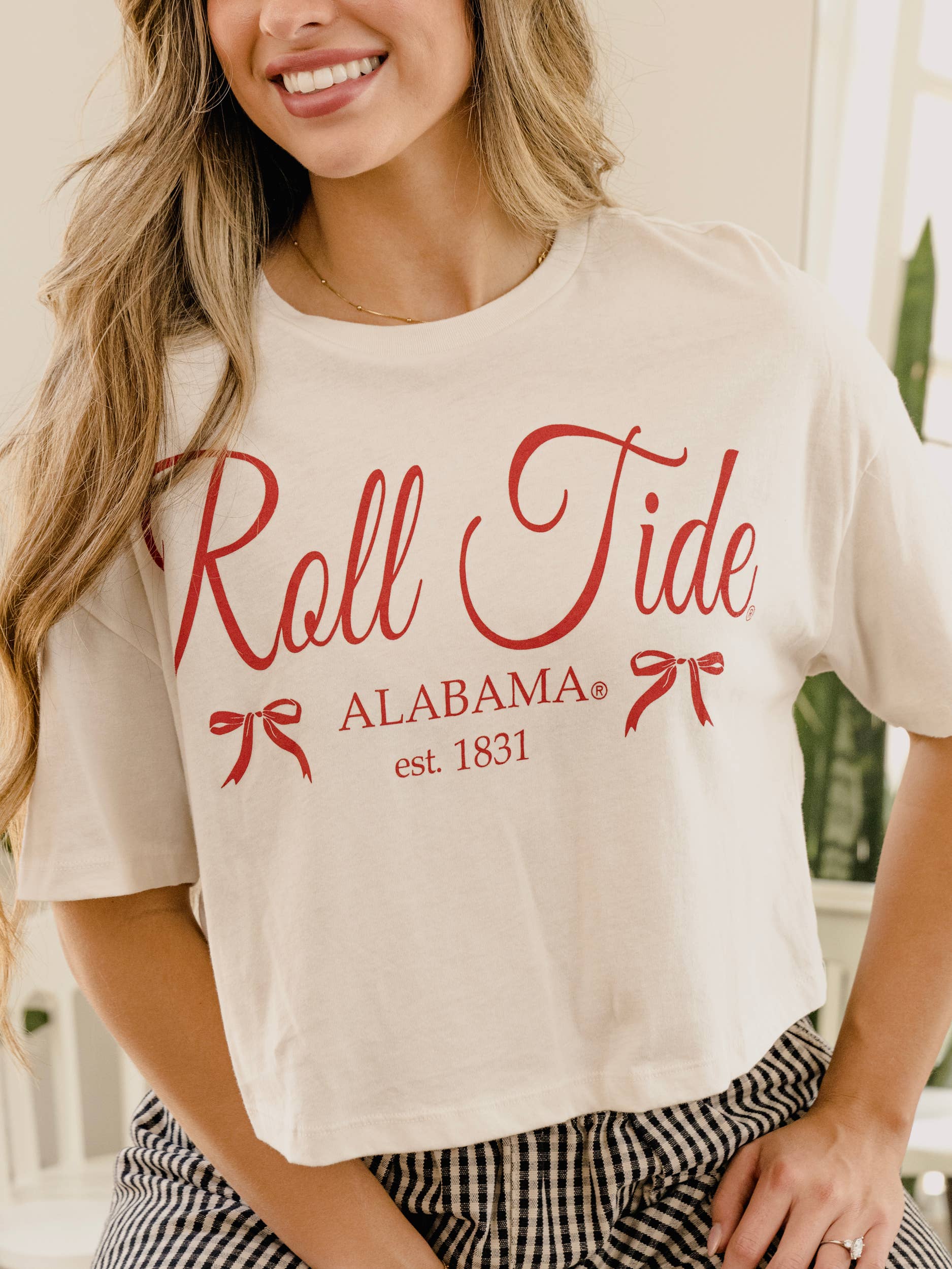 Bama Crimson Tide Established Bows Off White Cropped Tee Hoodie, Sweatshirt | PodTeesHub.com