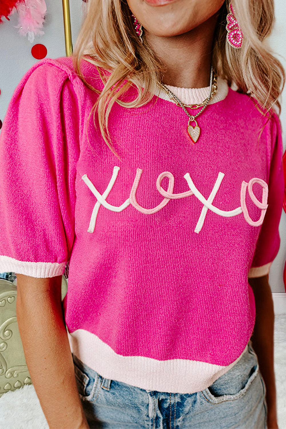 Xoxo Embroidered Valentines Contrast Trim Sweater Tee (S-Xl) Hoodie, Sweatshirt | PodTeesHub.com