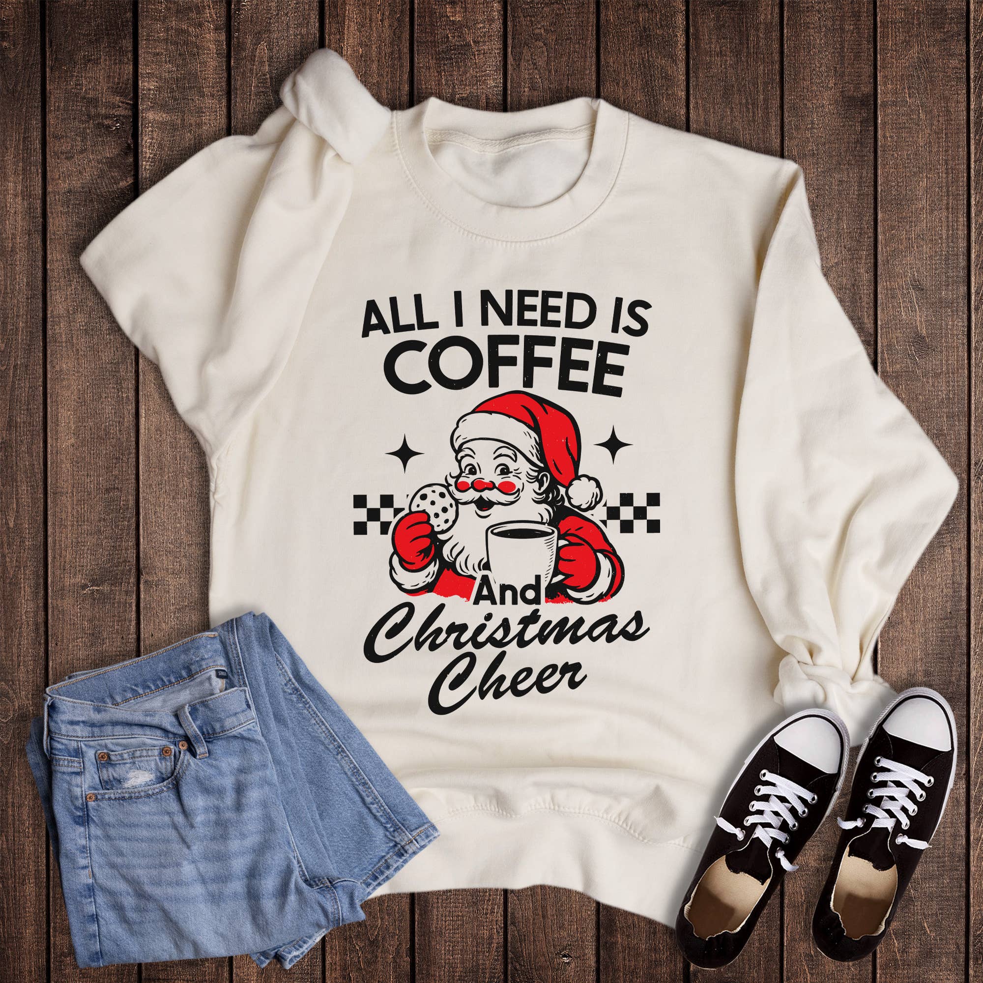 Christmas Santa All I Need Is Coffee and Cheer Sweatshirt T-Shirts, Hoodie | PodTeesHub.com