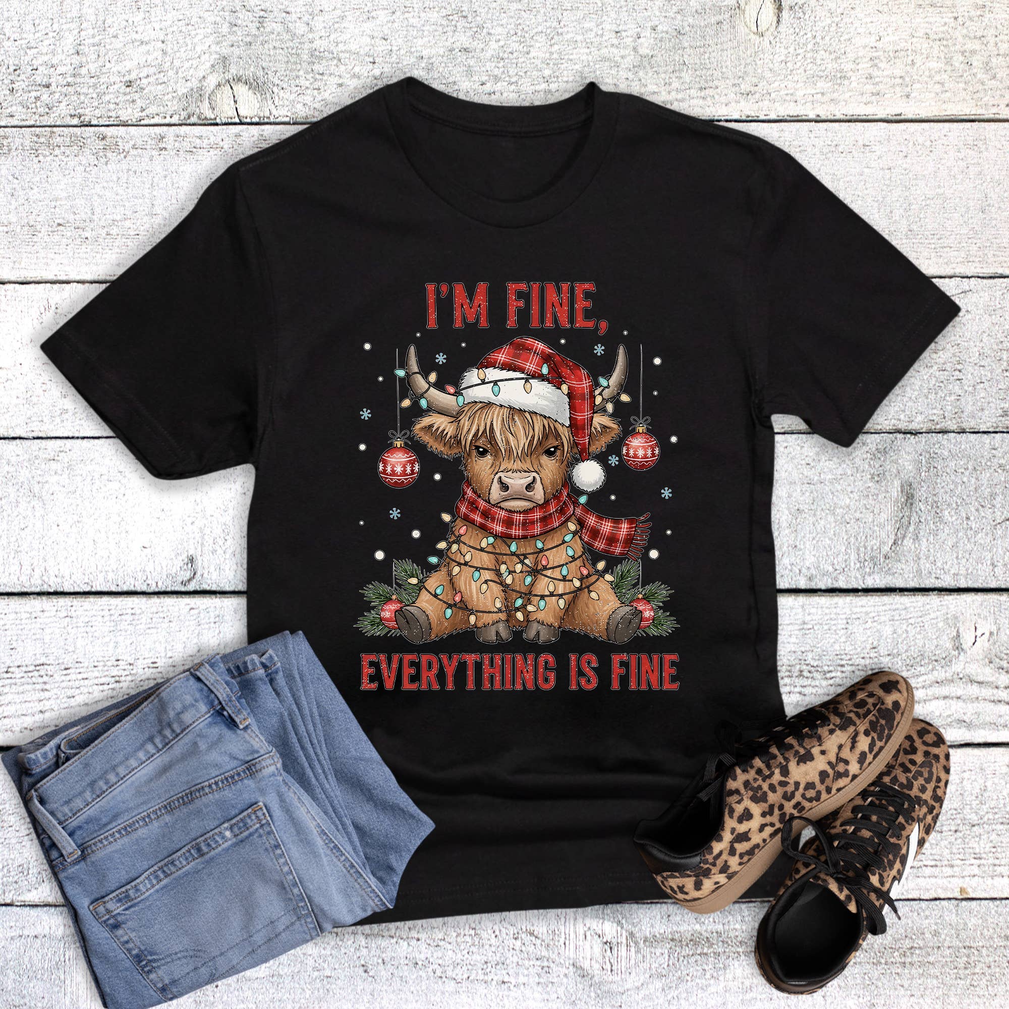 Christmas Cow I'm Fine Everything Is Fine Graphic Tee Hoodie, Sweatshirt | PodTeesHub.com