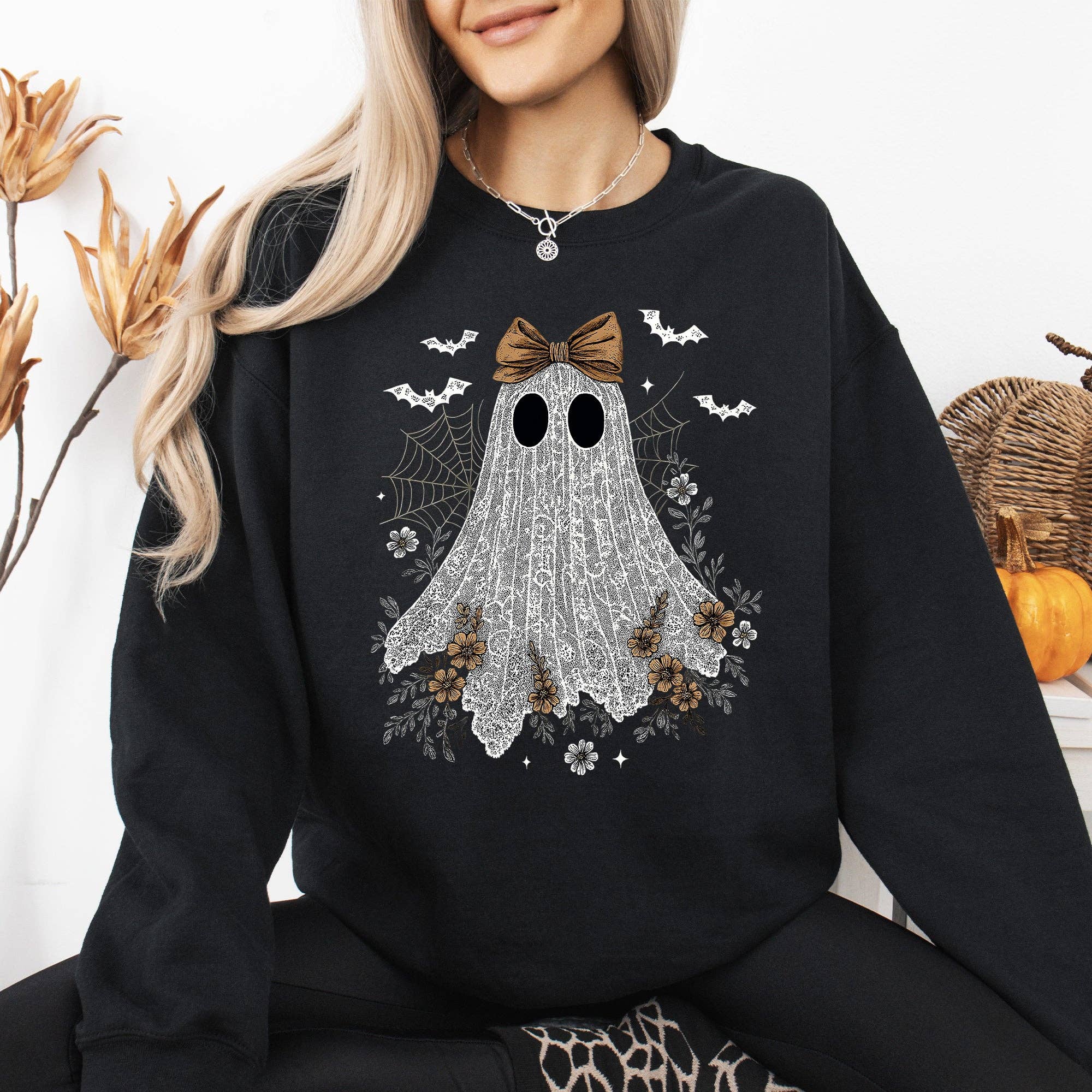 Cute Lace Ghost, Bow, Halloween, Spooky, Costume, Sweatshirt T-Shirts, Hoodie | PodTeesHub.com