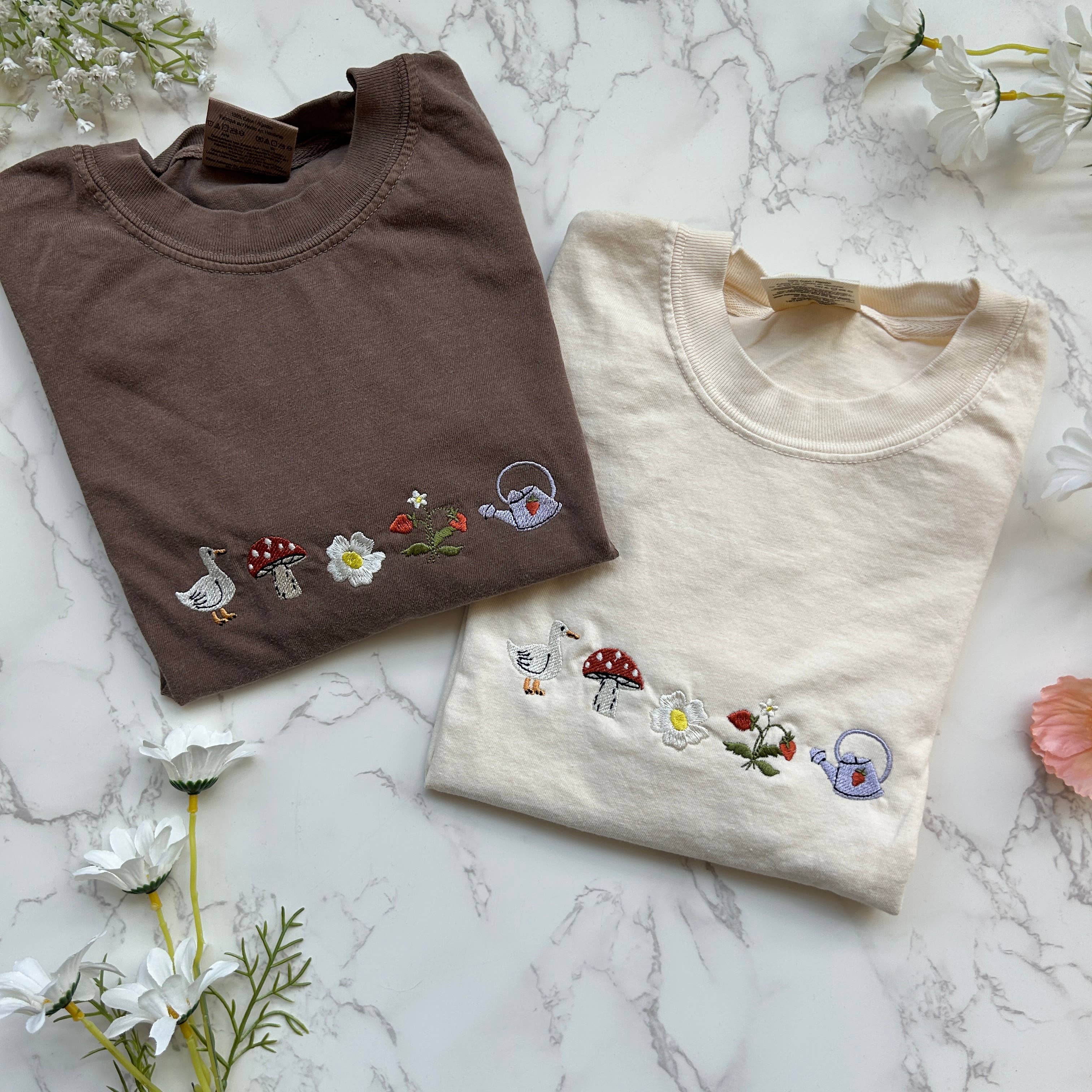 Embroidered Cottagecore Spring Duck Mushroom Garden Tshirt Hoodie, Sweatshirt | PodTeesHub.com