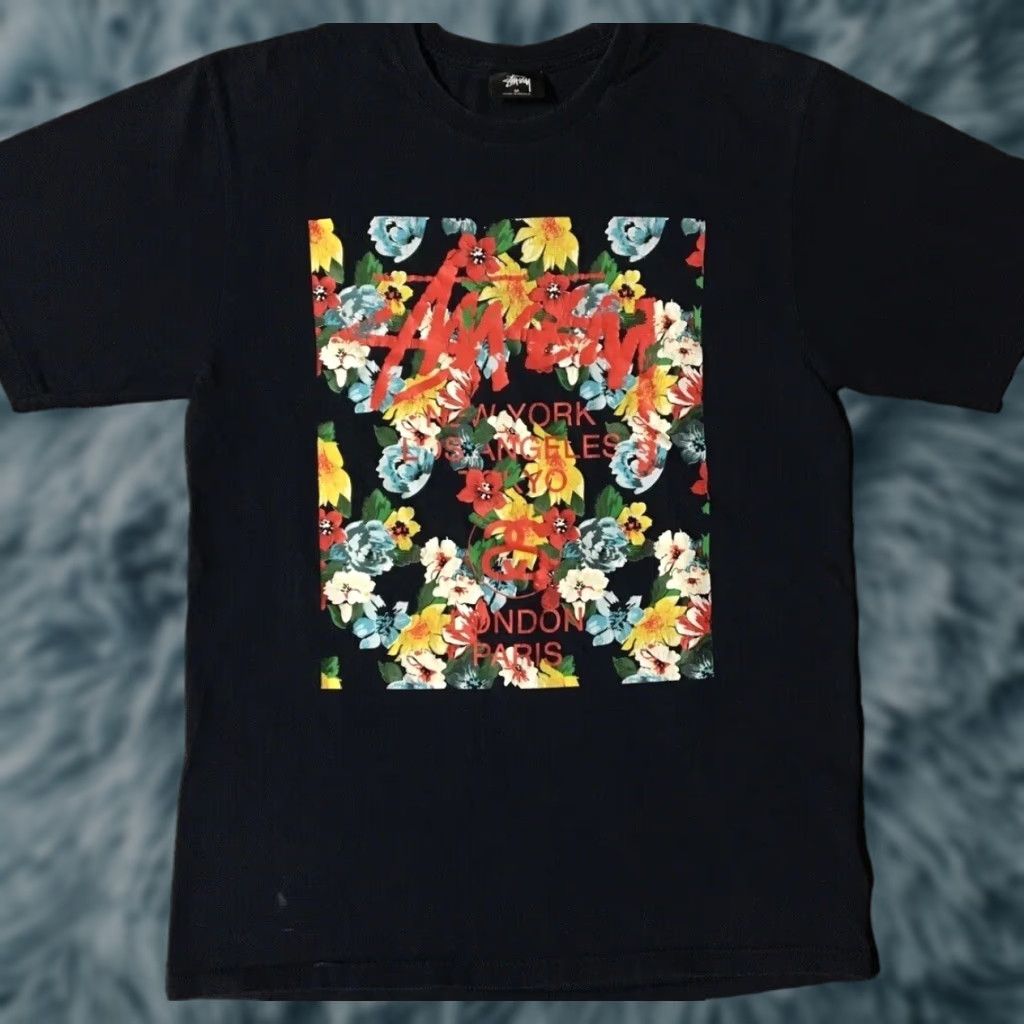 Vintage Stussy World Tour Faded Floral Shirt S Blue 90s Grunge Hip Hop Skate Beach Crooks Ca Hoodie, Sweatshirt