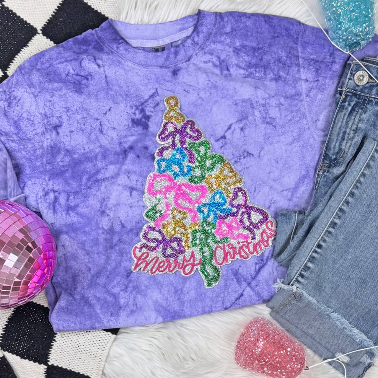 Merry Christmas Bow Tree Sequin Tee Hoodie, Sweatshirt | PodTeesHub.com