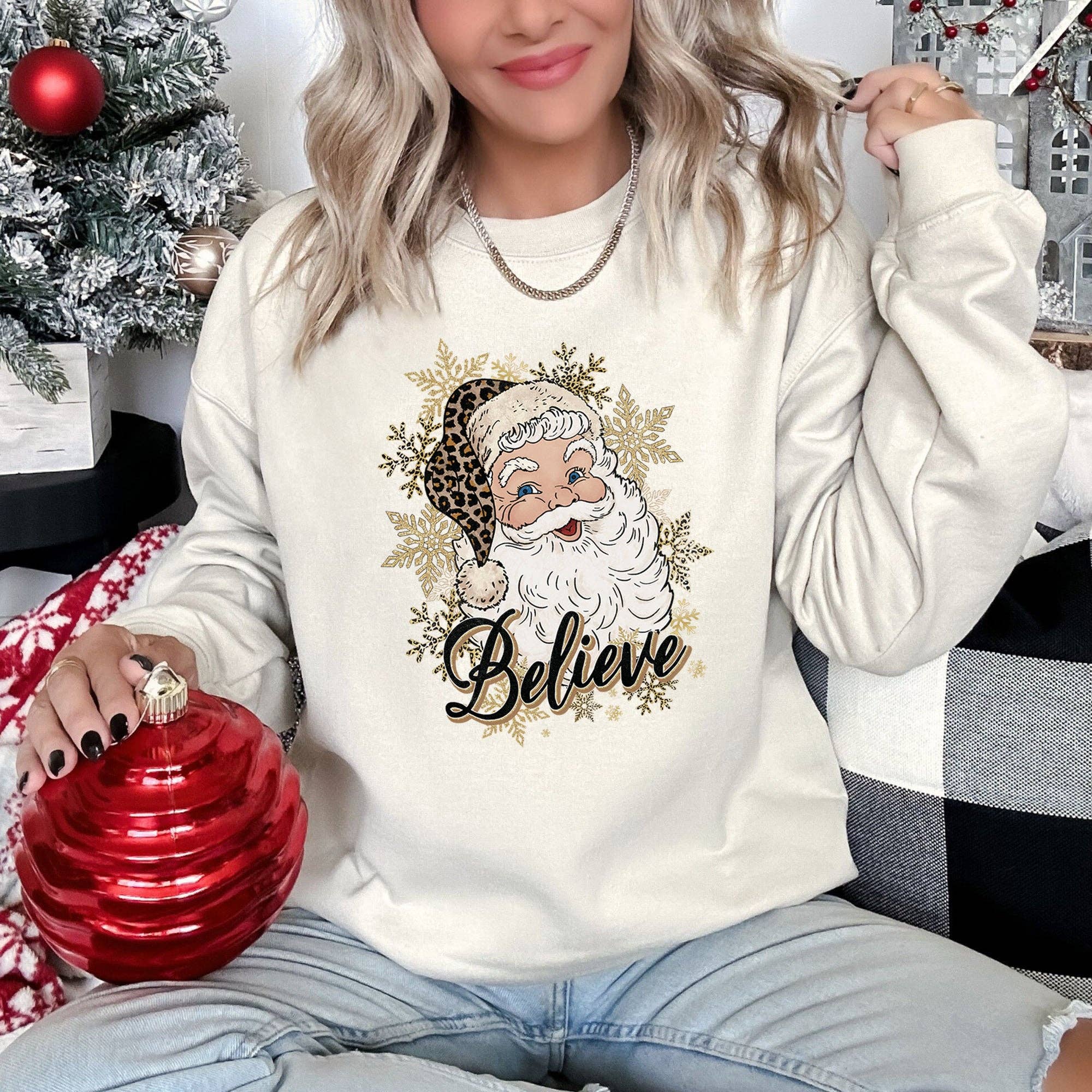 Retro Santa, Believe, Christmas, Leopard Print Sweatshirt T-Shirts, Hoodie | PodTeesHub.com