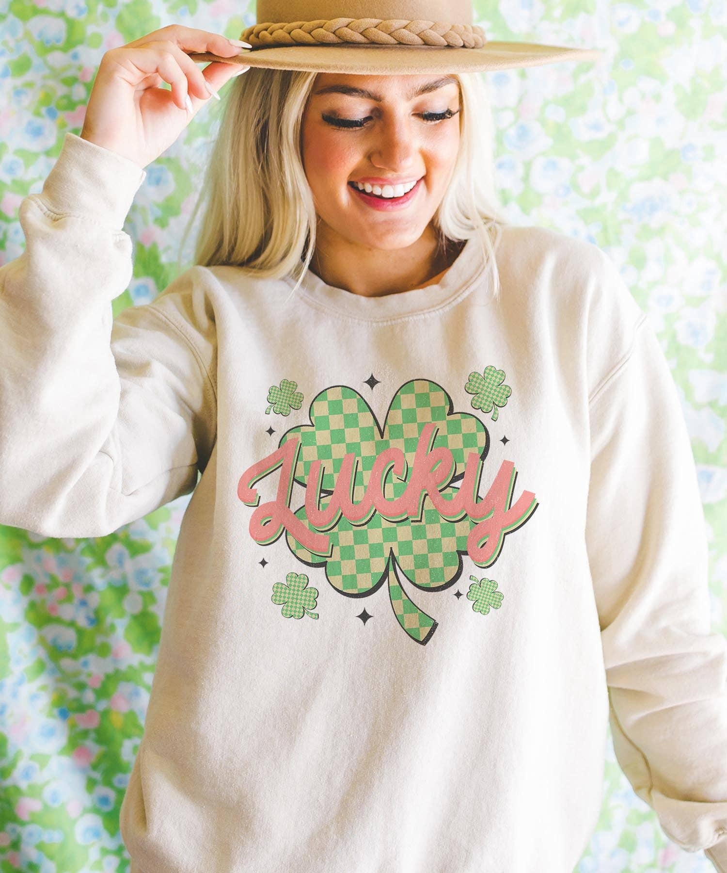 Checkered Shamrock Lucky - Cream Sweatshirt T-Shirts, Hoodie | PodTeesHub.com