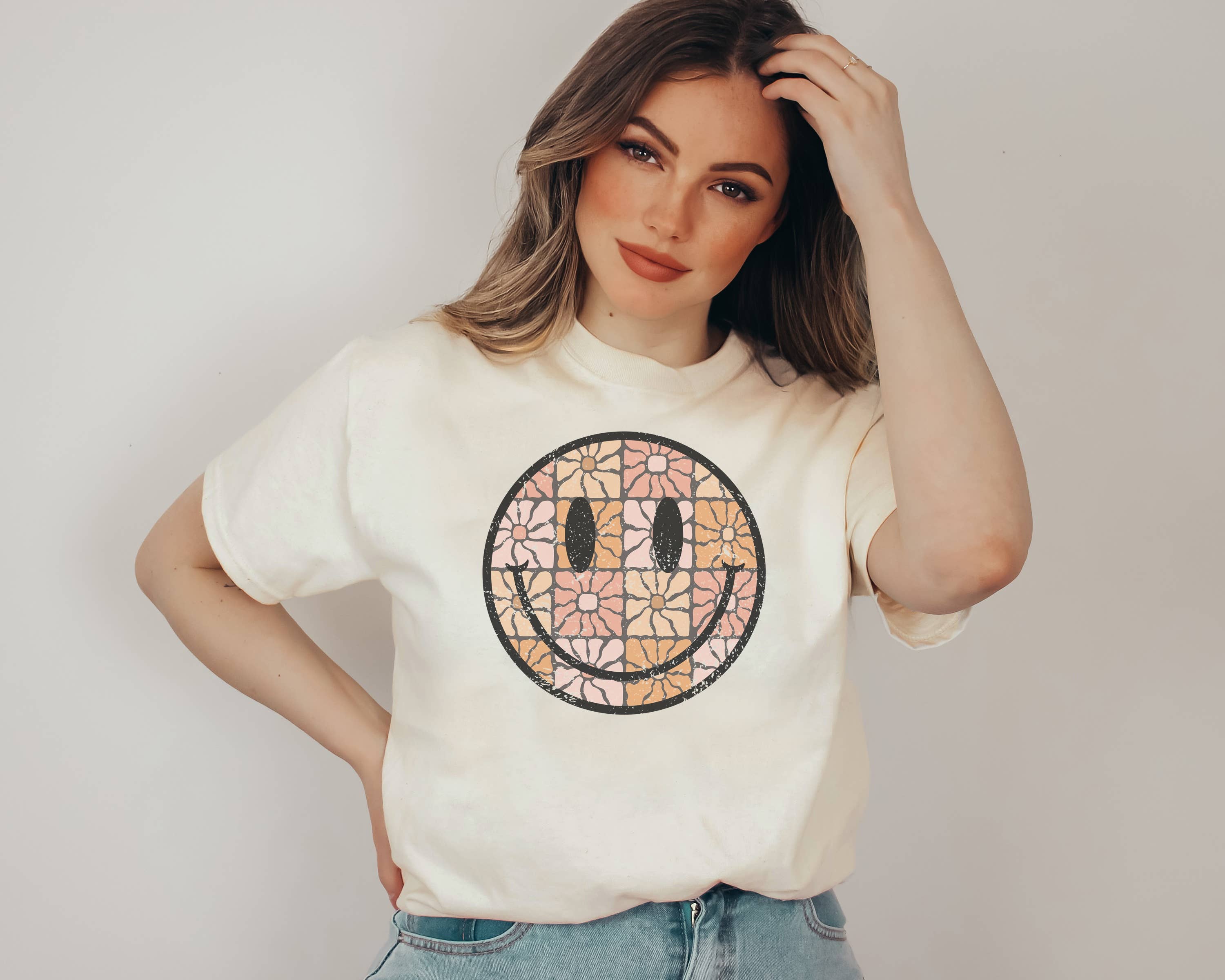 Groovy Floral Happy Face Tee Hoodie, Sweatshirt | PodTeesHub.com
