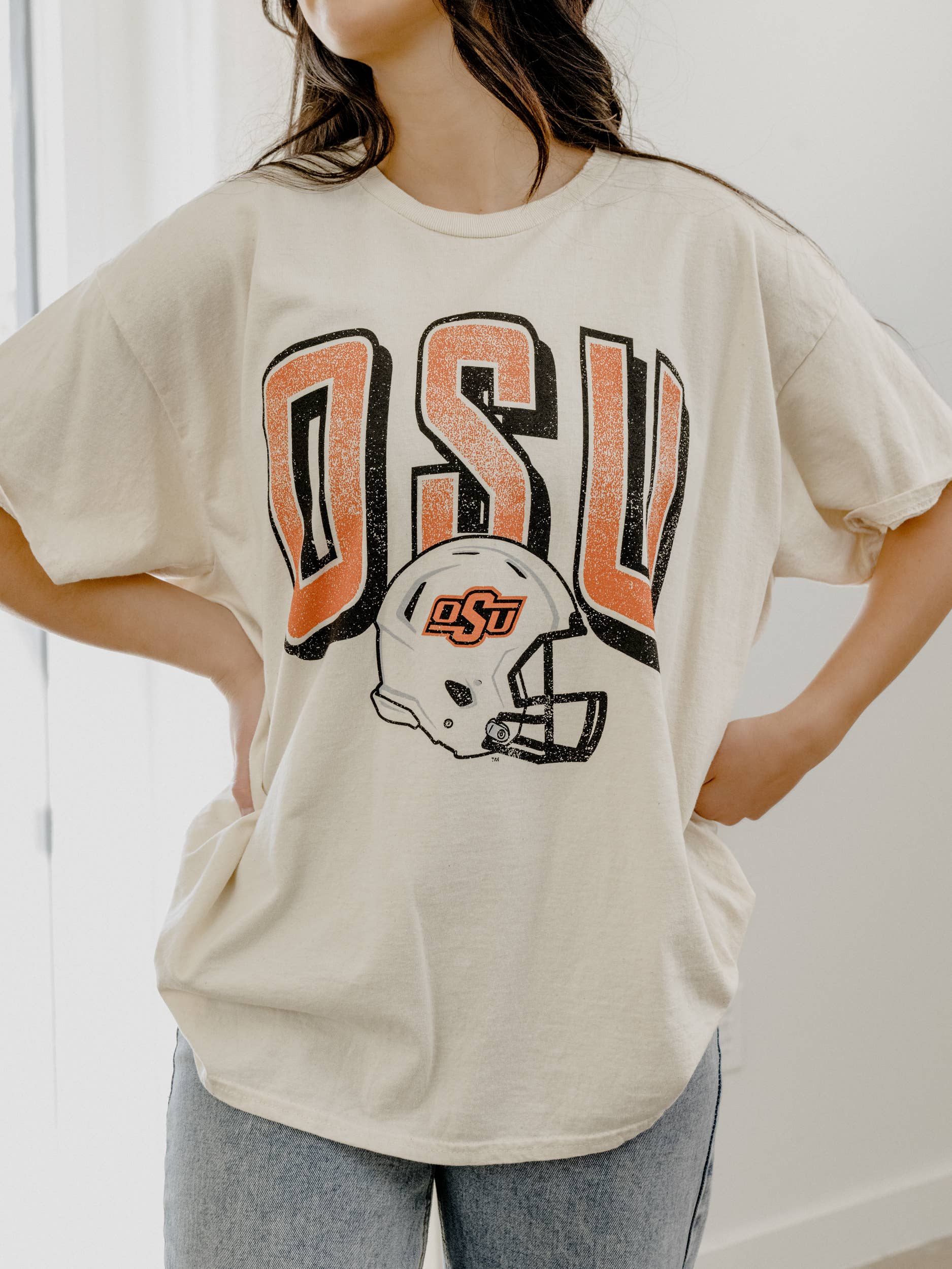 Osu Cowboys Helmet Fade Off White Thrifted Tee Hoodie, Sweatshirt | PodTeesHub.com