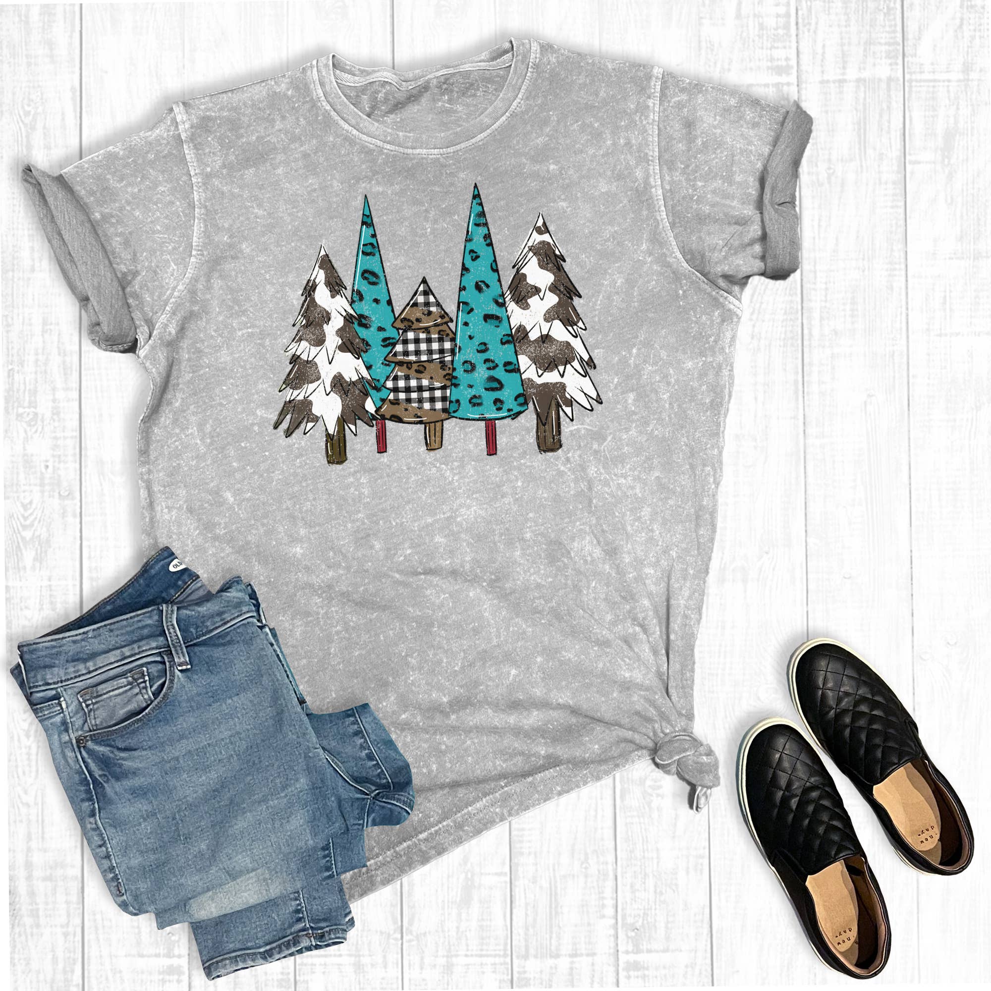 Western Cowhide Christmas Trees Mineral Wash Graphic Tee Hoodie, Sweatshirt | PodTeesHub.com