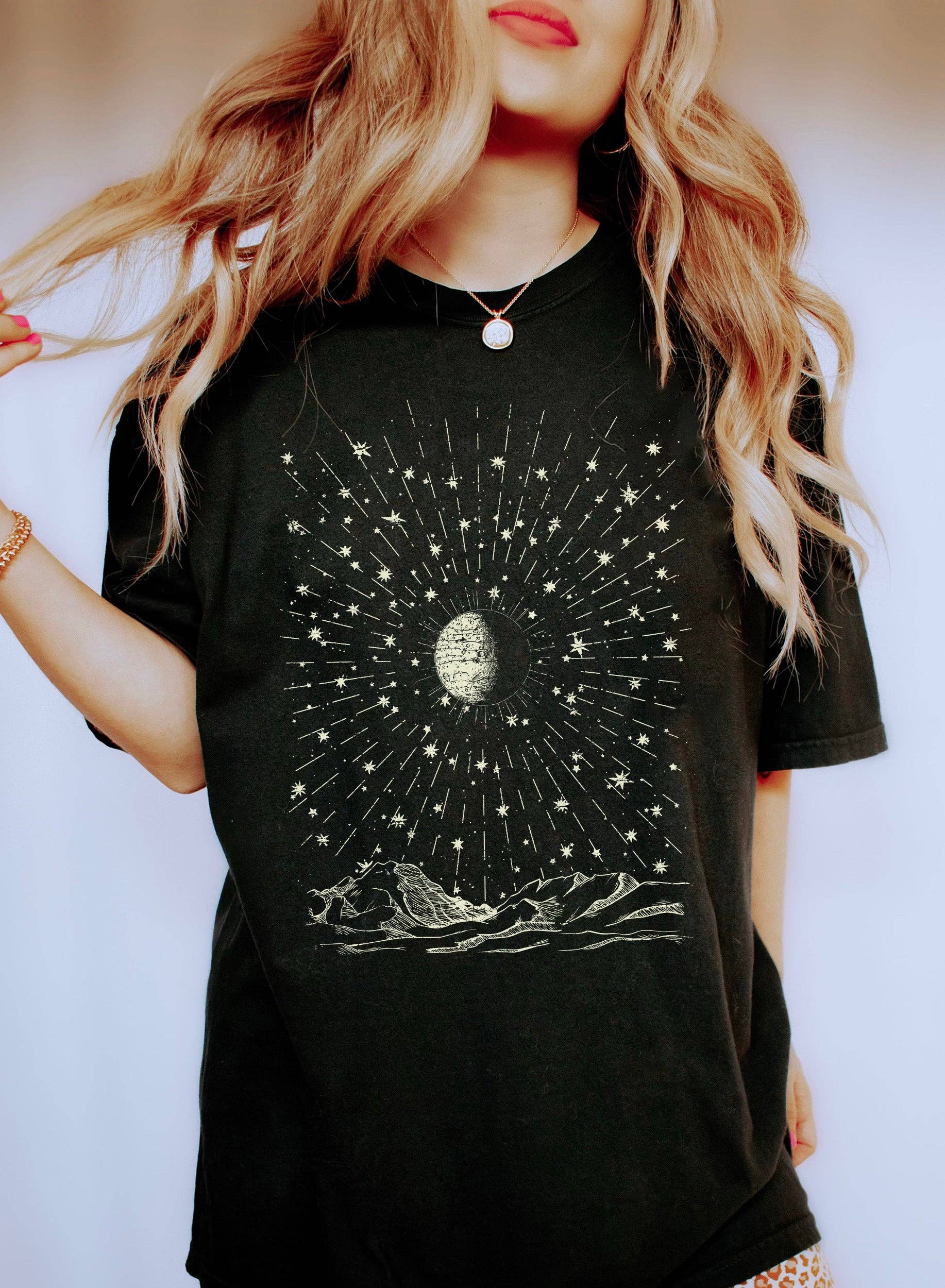 Moon, Stars and Mountains Celestial T-Shirt Hoodie, Sweatshirt | PodTeesHub.com