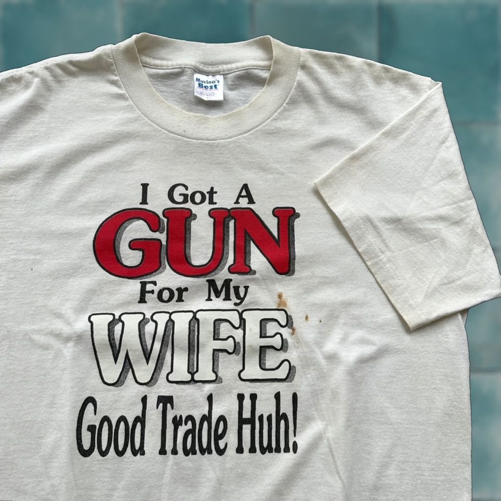 Vintage T Shirt Got A Gun For My Wife Humour Solid Short Sleeve Crew Neck L White Men 90s Fu Hoodie, Sweatshirt