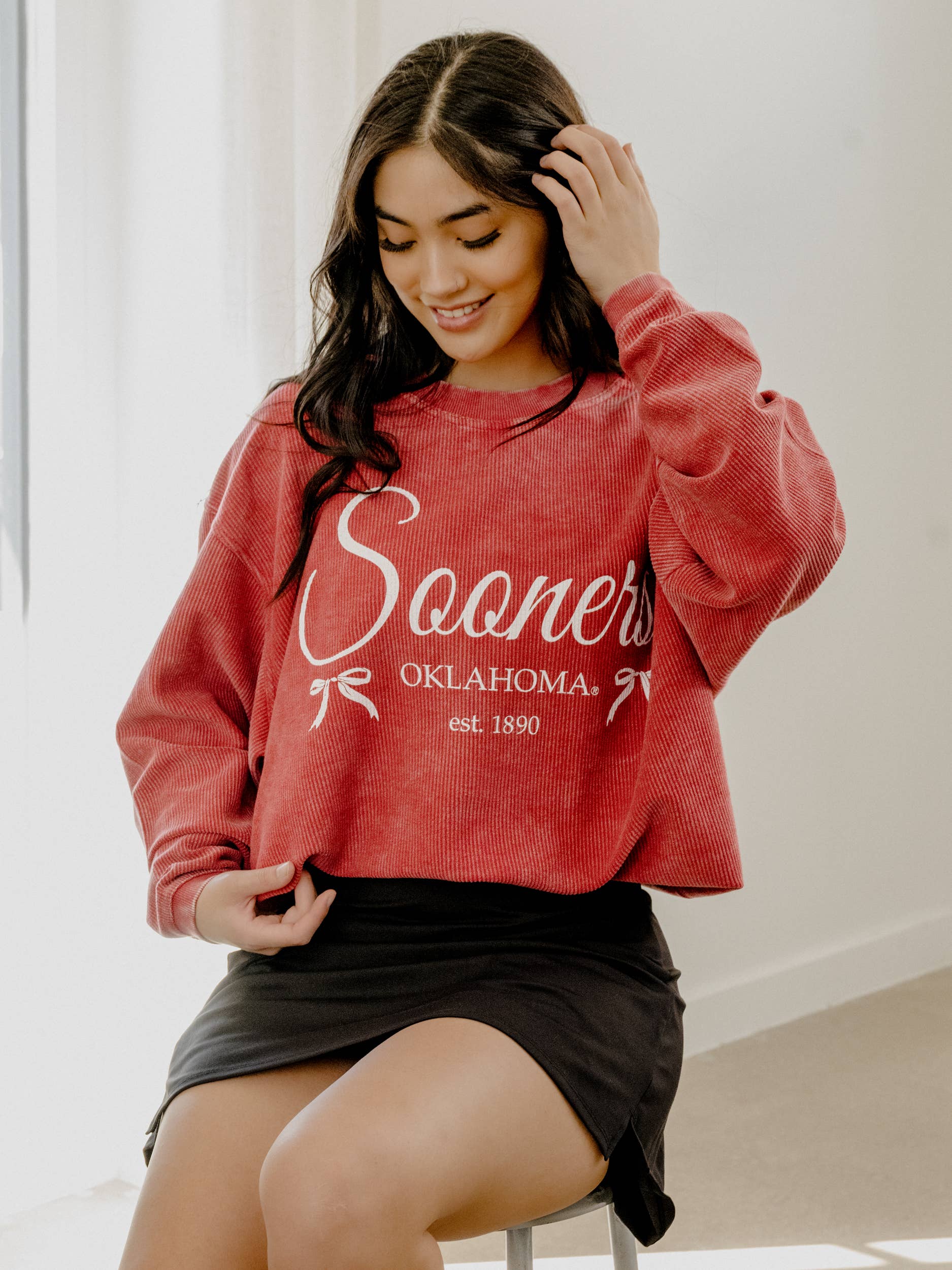 Ou Sooners Established Bows Red Corded Crew Sweatshirt T-Shirts, Hoodie | PodTeesHub.com