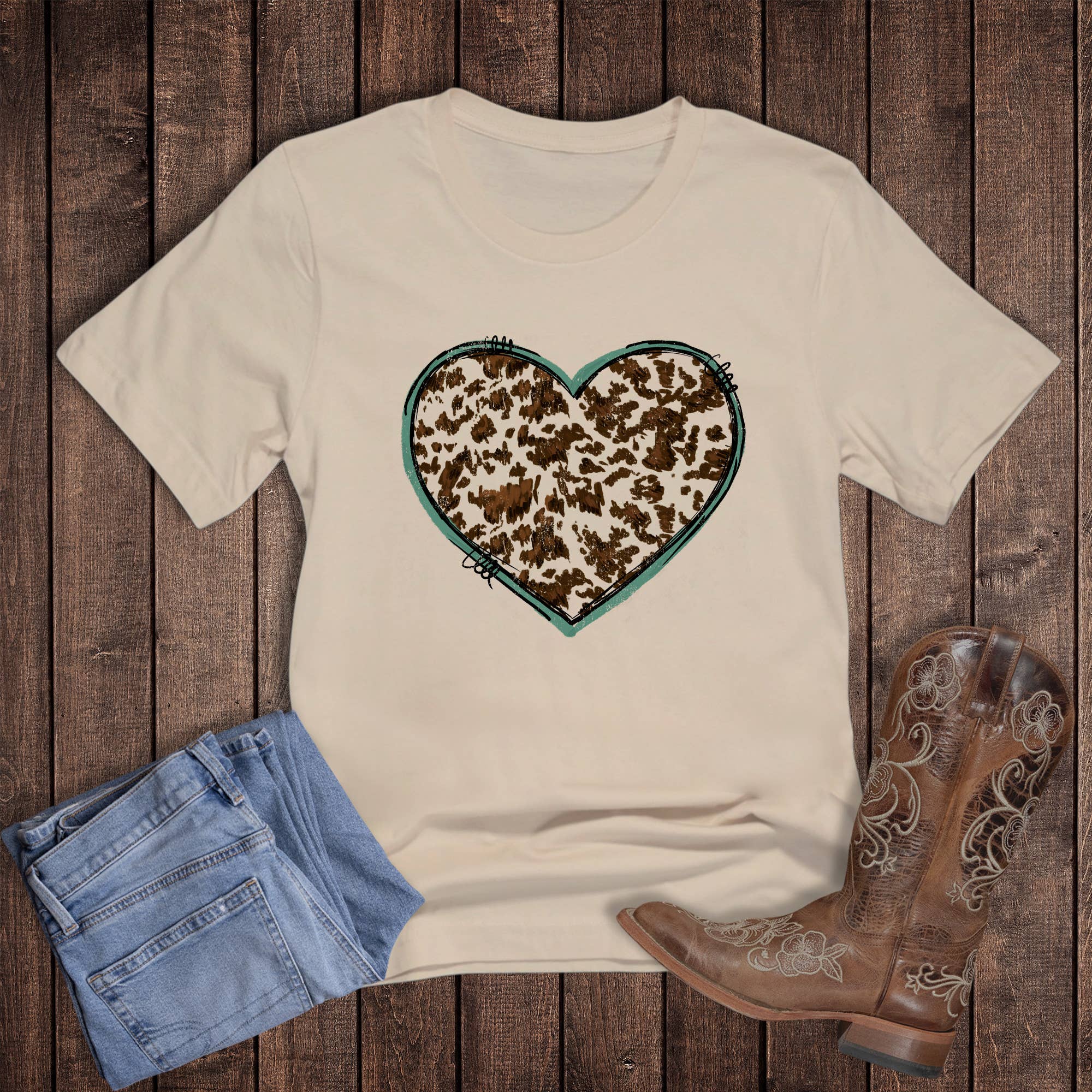 Valentine Cow Hide Heart Turquoise Graphic Tee Hoodie, Sweatshirt | PodTeesHub.com