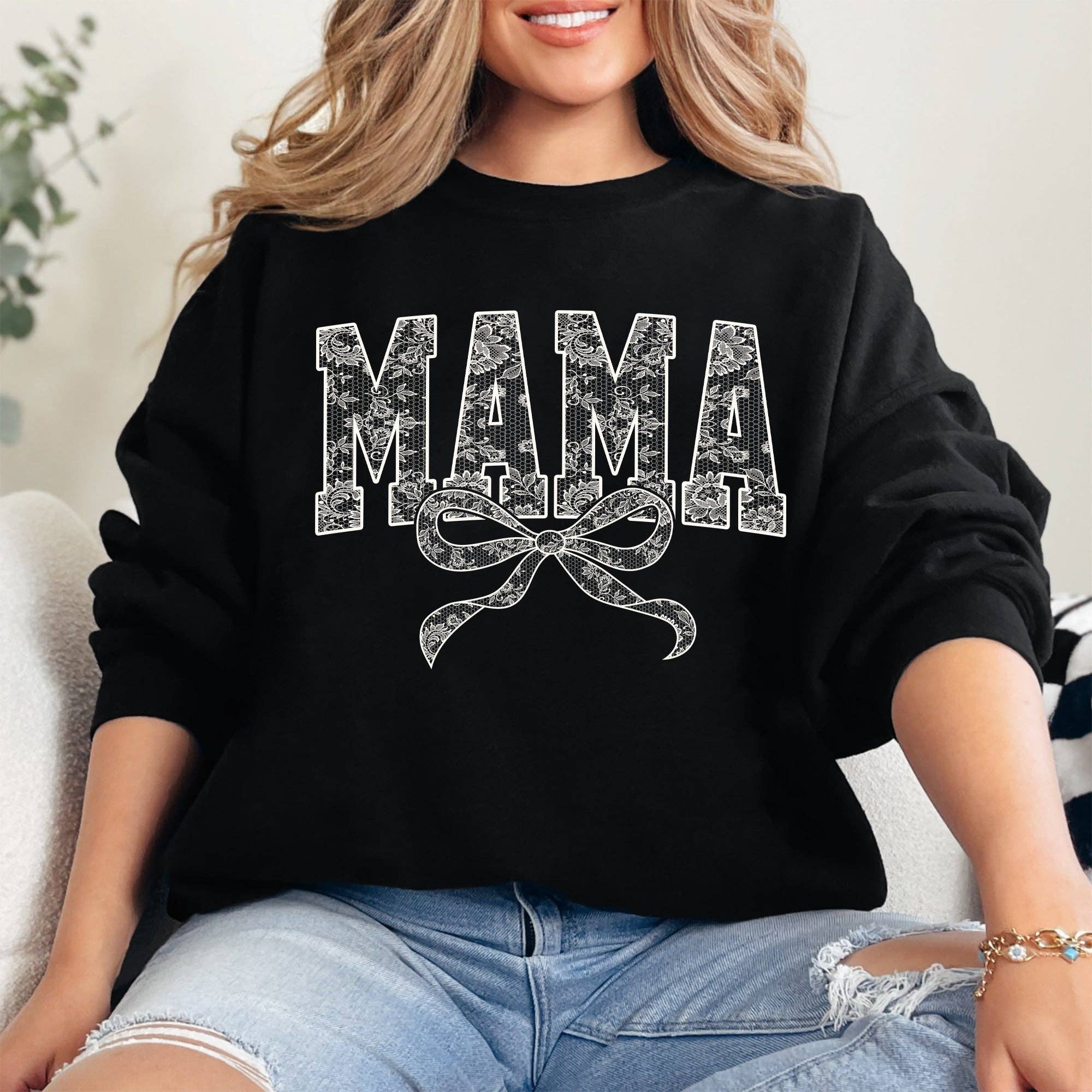Mama, Bow, Ribbon, Faux Lace, Mother's Day Sweatshirt T-Shirts, Hoodie | PodTeesHub.com