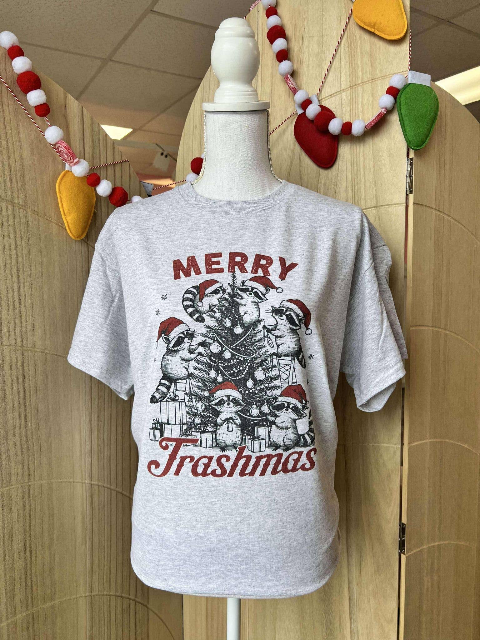 Merry Trashmas Raccoons Decorating Tree On Ash Gray Tee Hoodie, Sweatshirt | PodTeesHub.com