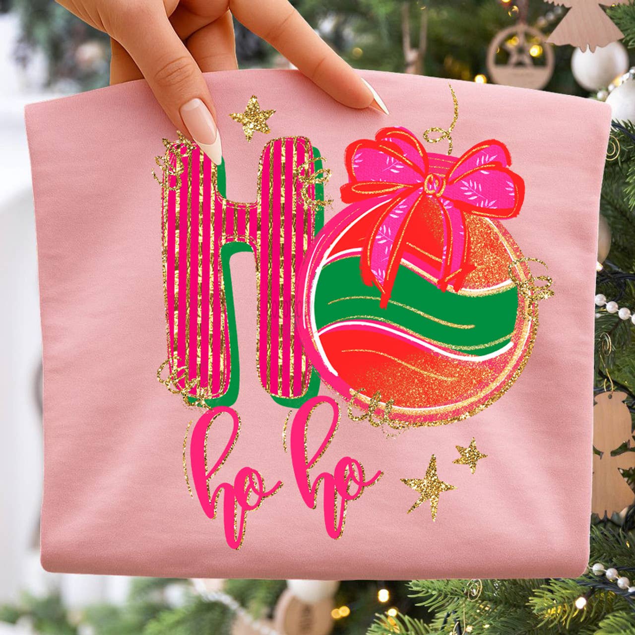 Faux Gold Glitter Ho Ho Ho Ornament Tee Hoodie, Sweatshirt | PodTeesHub.com