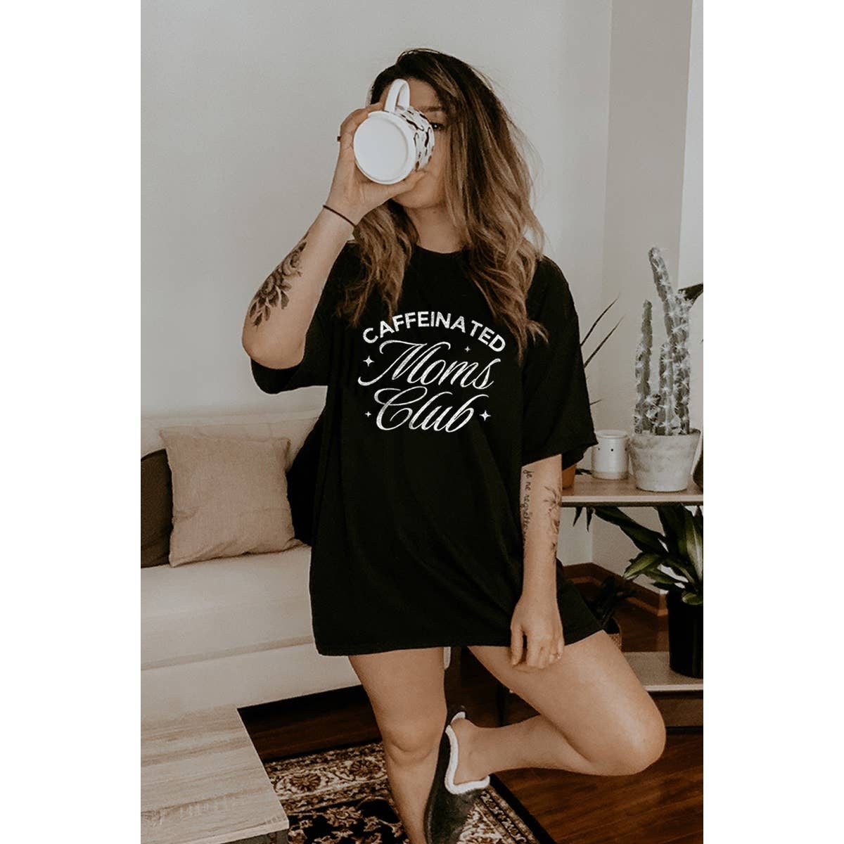 Caffenated Moms Club Vintage Graphic Oversized Tee Hoodie, Sweatshirt | PodTeesHub.com