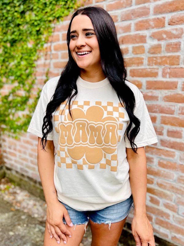 Mama Retro Checkered Flower Puff Tee Hoodie, Sweatshirt | PodTeesHub.com