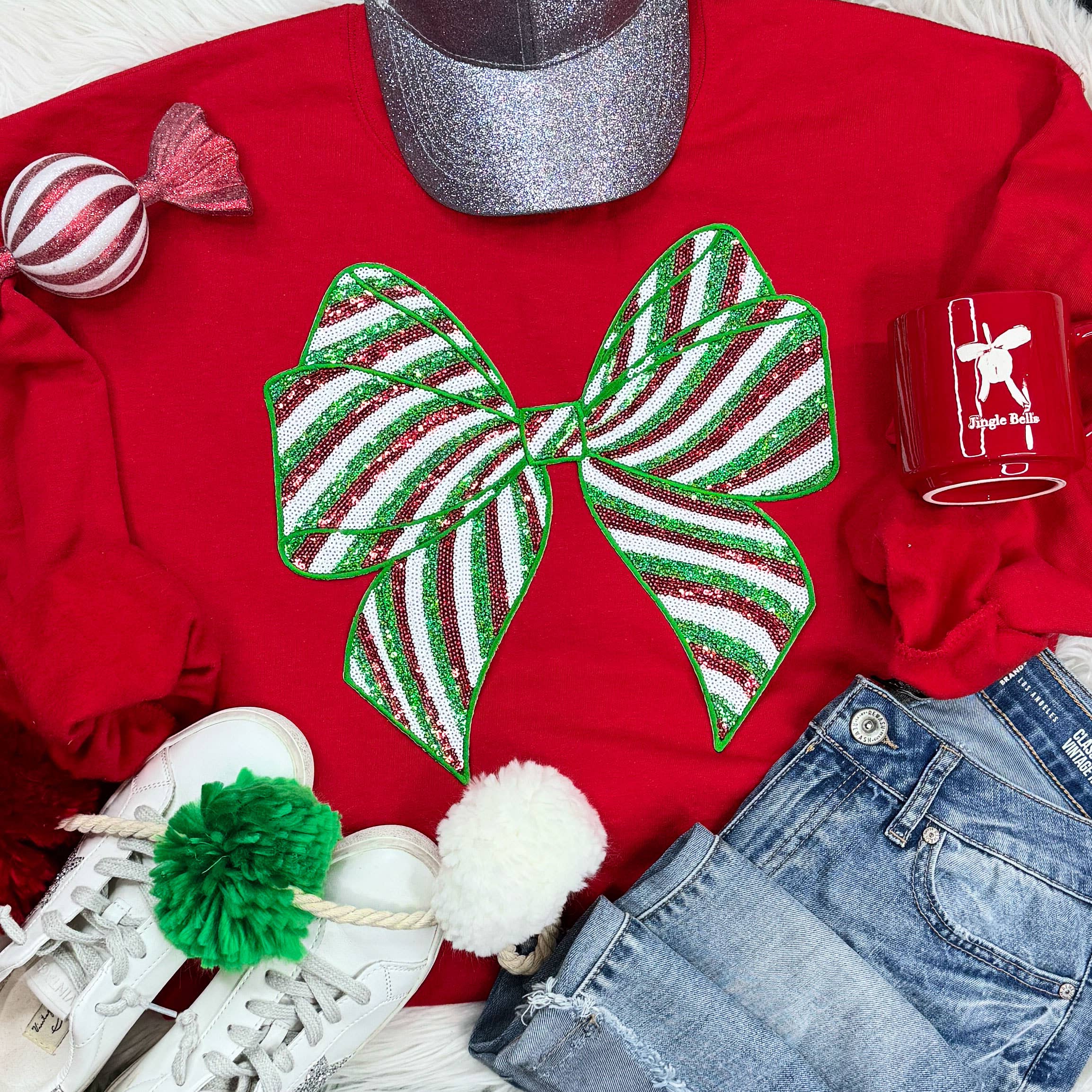 Red & Green Sequin Bow Patch Red Crewneck Sweatshirt T-Shirts, Hoodie | PodTeesHub.com