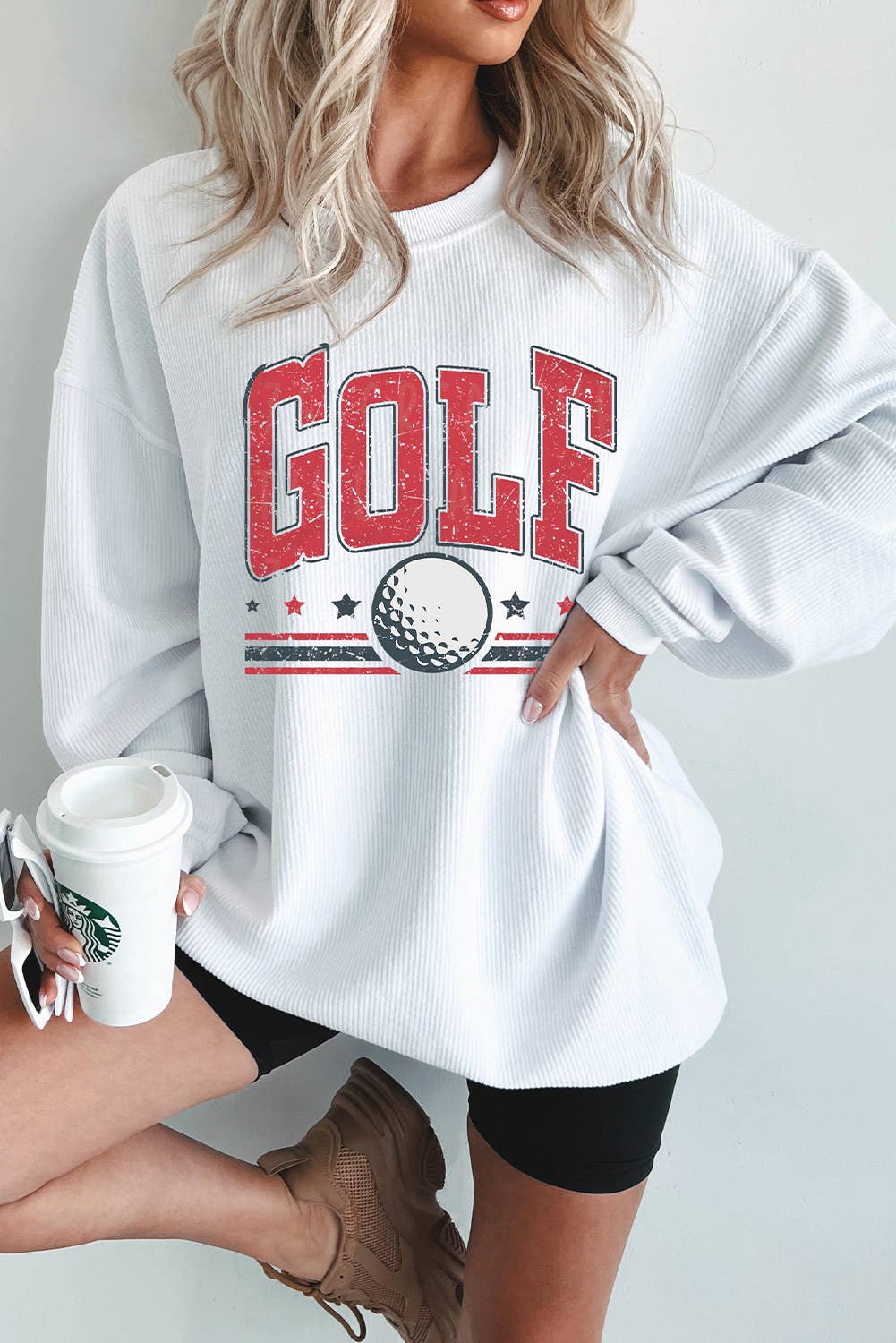 Golf Ball Print Ribbed Drop Shoulder Baggy Sweatshirt（S-2X) T-Shirts, Hoodie | PodTeesHub.com