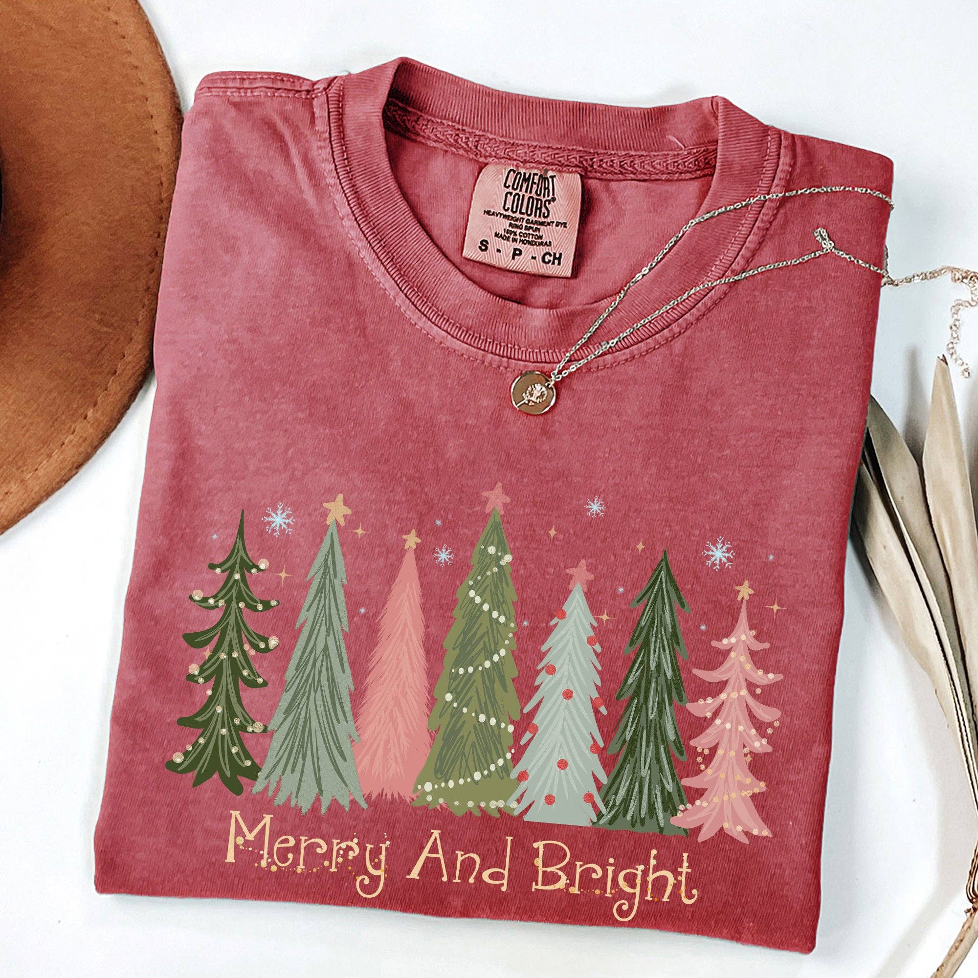 Merry and Bright, Christmas Trees, Winter, Snow, Xmas Tshirt Hoodie, Sweatshirt | PodTeesHub.com