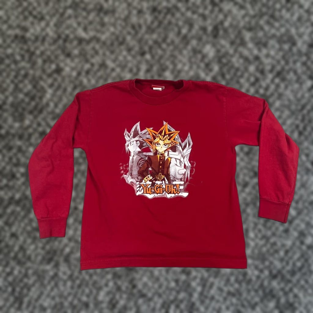 Vintage Yu Gi Oh Graphic Print Long Sleeve Shirt Youth Medium Red 90s Anime Duel Card Game B Hoodie, Sweatshirt