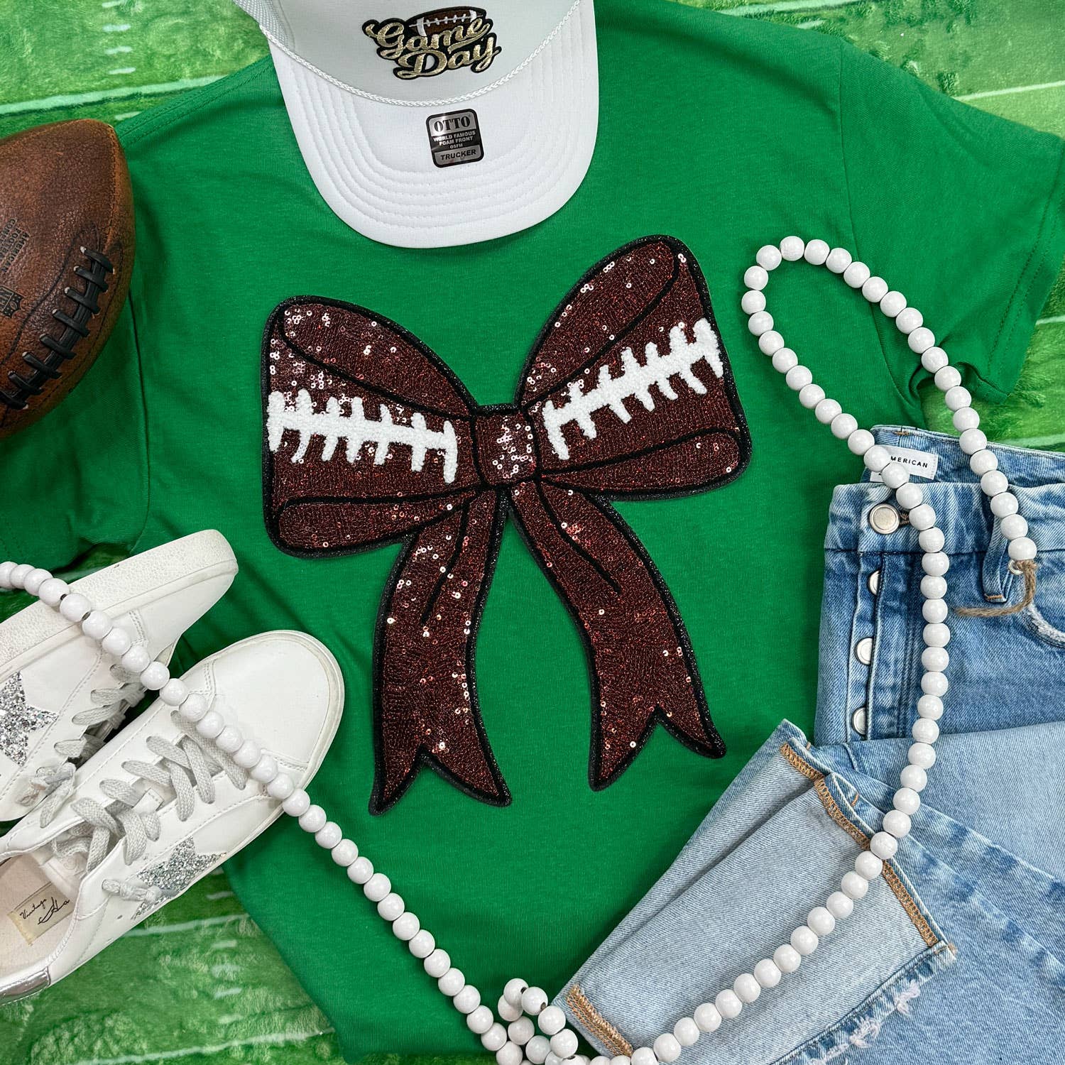 Sequins Football Bow Patch Turf Green Everyday Tee Hoodie, Sweatshirt | PodTeesHub.com