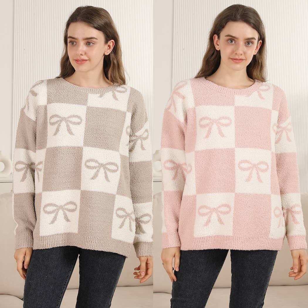 Ribbon Checkered Cozy Crew Neck Sweater T-Shirts, Hoodie, Sweatshirt | PodTeesHub.com