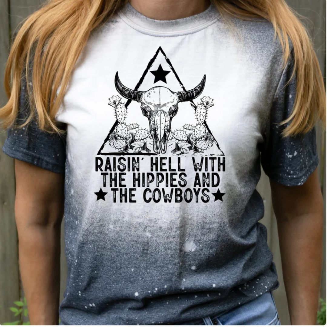 Raising Hell with the Hippies and the Cowboys Bull Skull Tee Hoodie, Sweatshirt | PodTeesHub.com