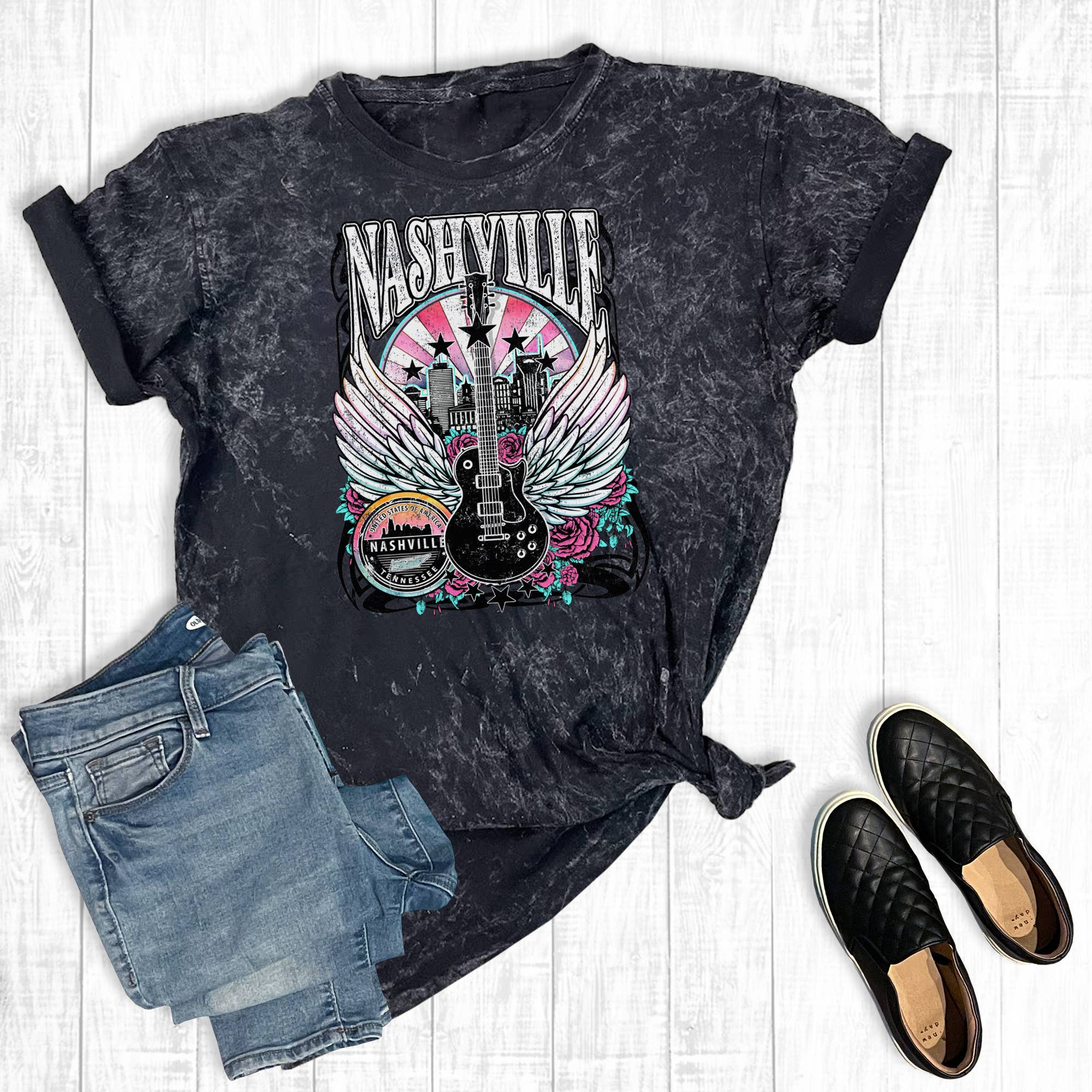 Western Nashville Music City Guitar Mineral Wash Graphic Tee Hoodie, Sweatshirt | PodTeesHub.com
