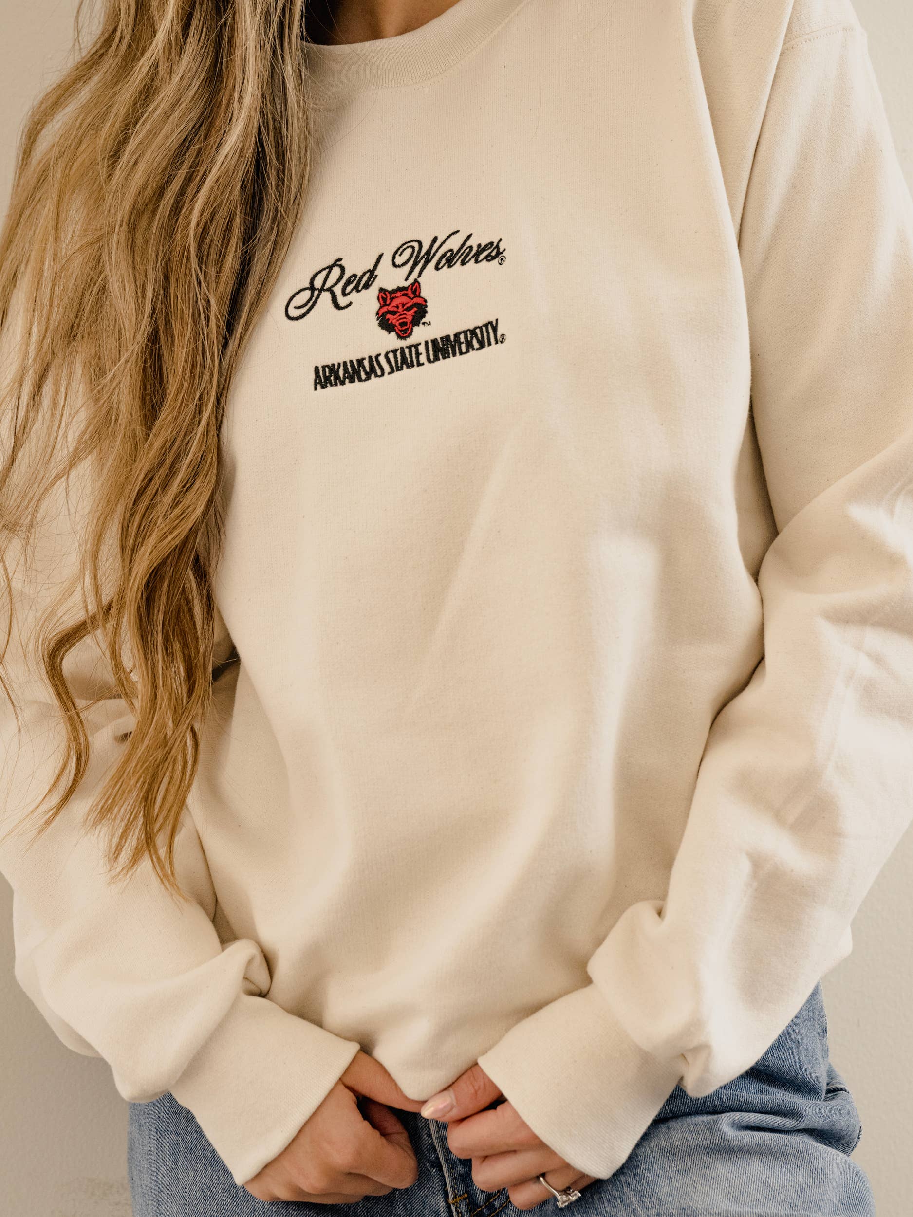 Asu Red Wolves Embroidered Script Cream Sweatshirt T-Shirts, Hoodie | PodTeesHub.com