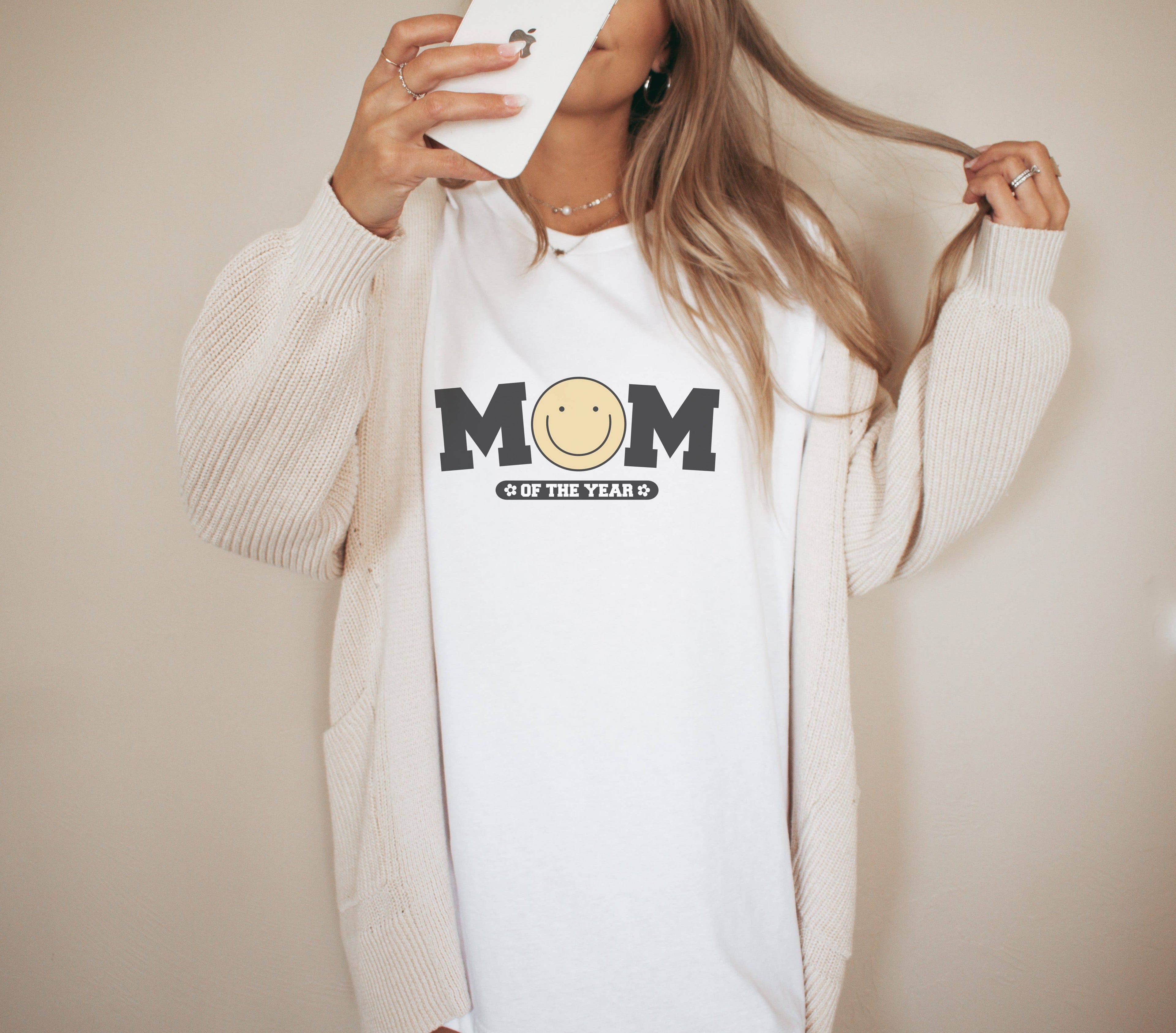 Mom of the Year Happy Face Graphic Tee | Mama Tee Hoodie, Sweatshirt | PodTeesHub.com