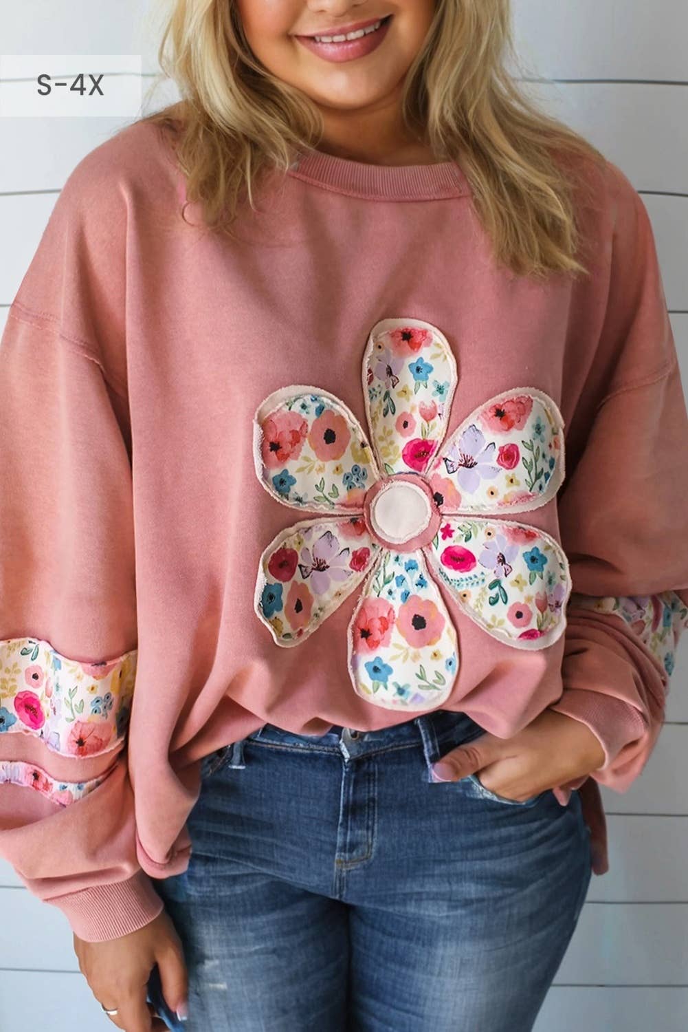 Floral Applique Patchwork Drop Sleeve Sweatshirt (S-4X T-Shirts, Hoodie | PodTeesHub.com