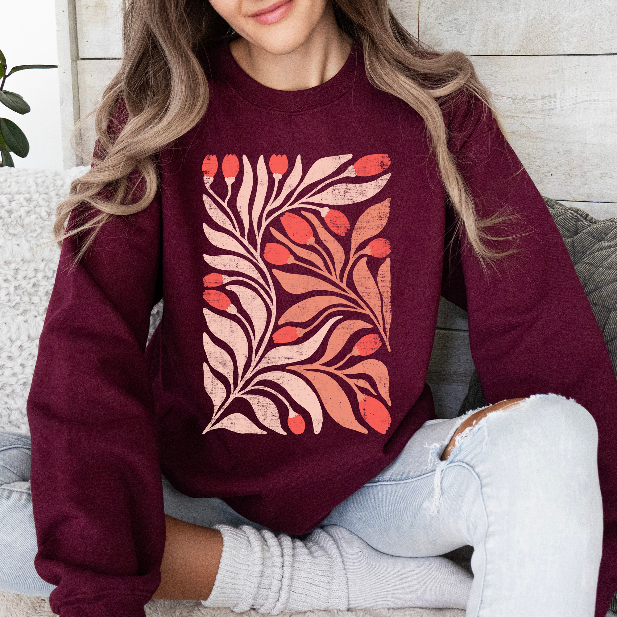 Red Tulip Flower Pattern, Vintage Boho, Nature Sweatshirt T-Shirts, Hoodie | PodTeesHub.com