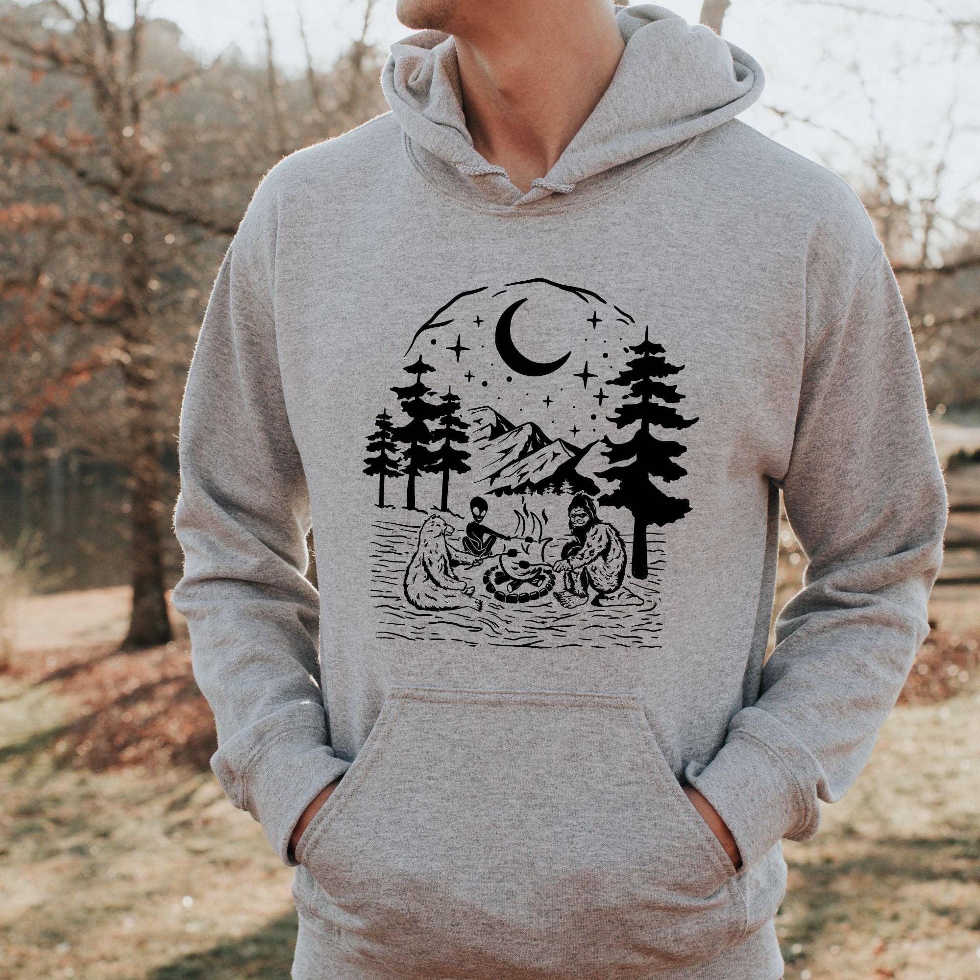 Bigfoot, Alien, Bear Camping Crewneck Sweatshirt Unisex T-Shirts, Hoodie | PodTeesHub.com