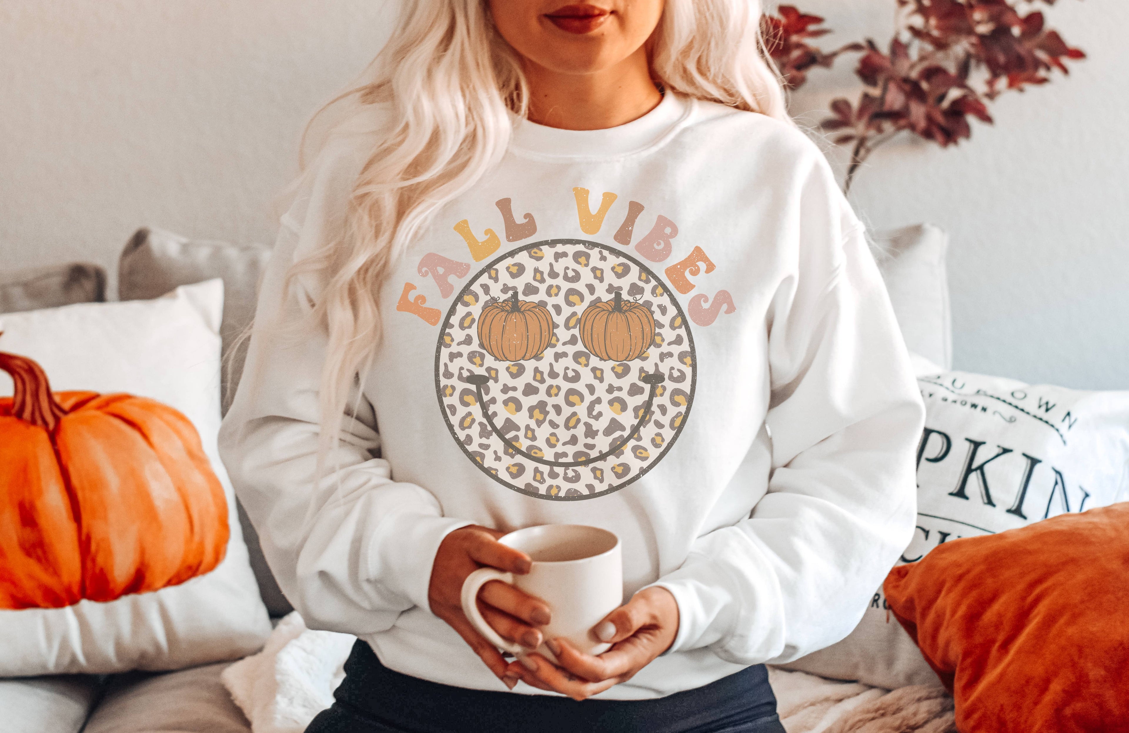 Fall Vibes Pumpkin Happy Face Crew Neck Sweatshirt T-Shirts, Hoodie | PodTeesHub.com