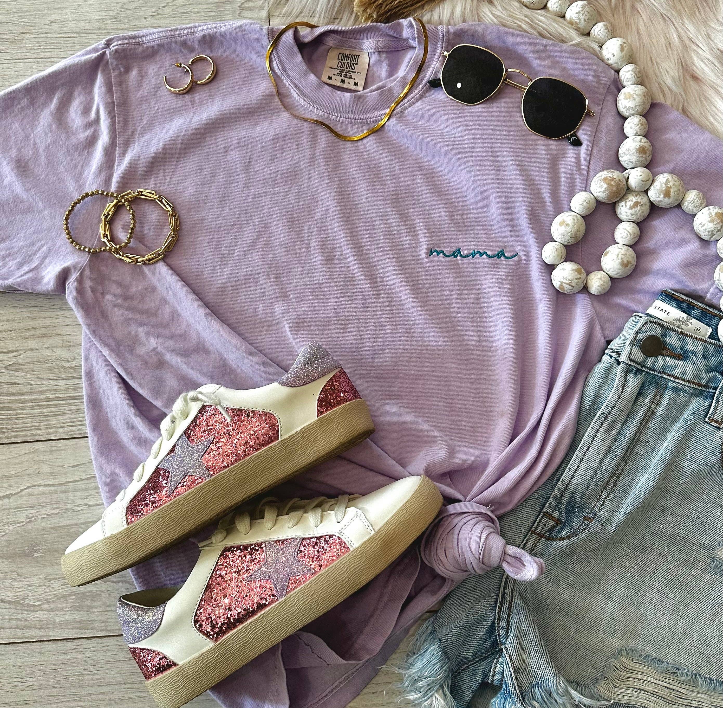 Lilac Dainty Mama Embroidered Tee Hoodie, Sweatshirt | PodTeesHub.com