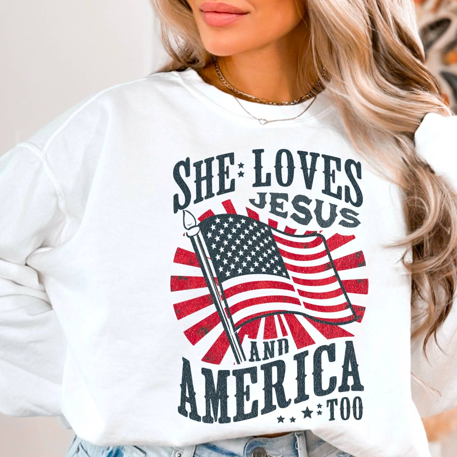 She Loves Jesus and America | July 4th Patriotic Sweatshirt T-Shirts, Hoodie | PodTeesHub.com