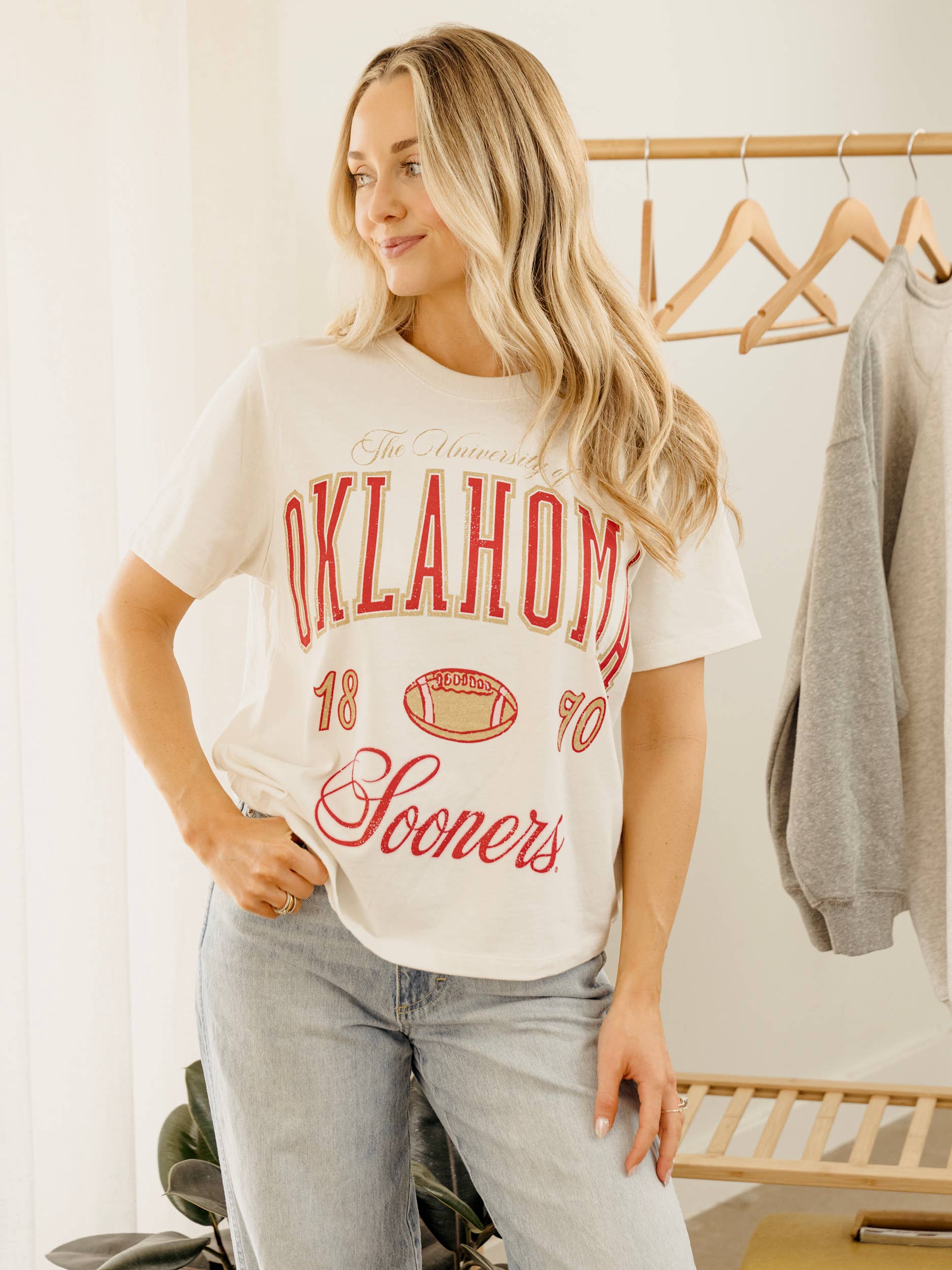 Ou Oklahoma Sooners Wave Arch Off White Thrifted Tee Hoodie, Sweatshirt | PodTeesHub.com