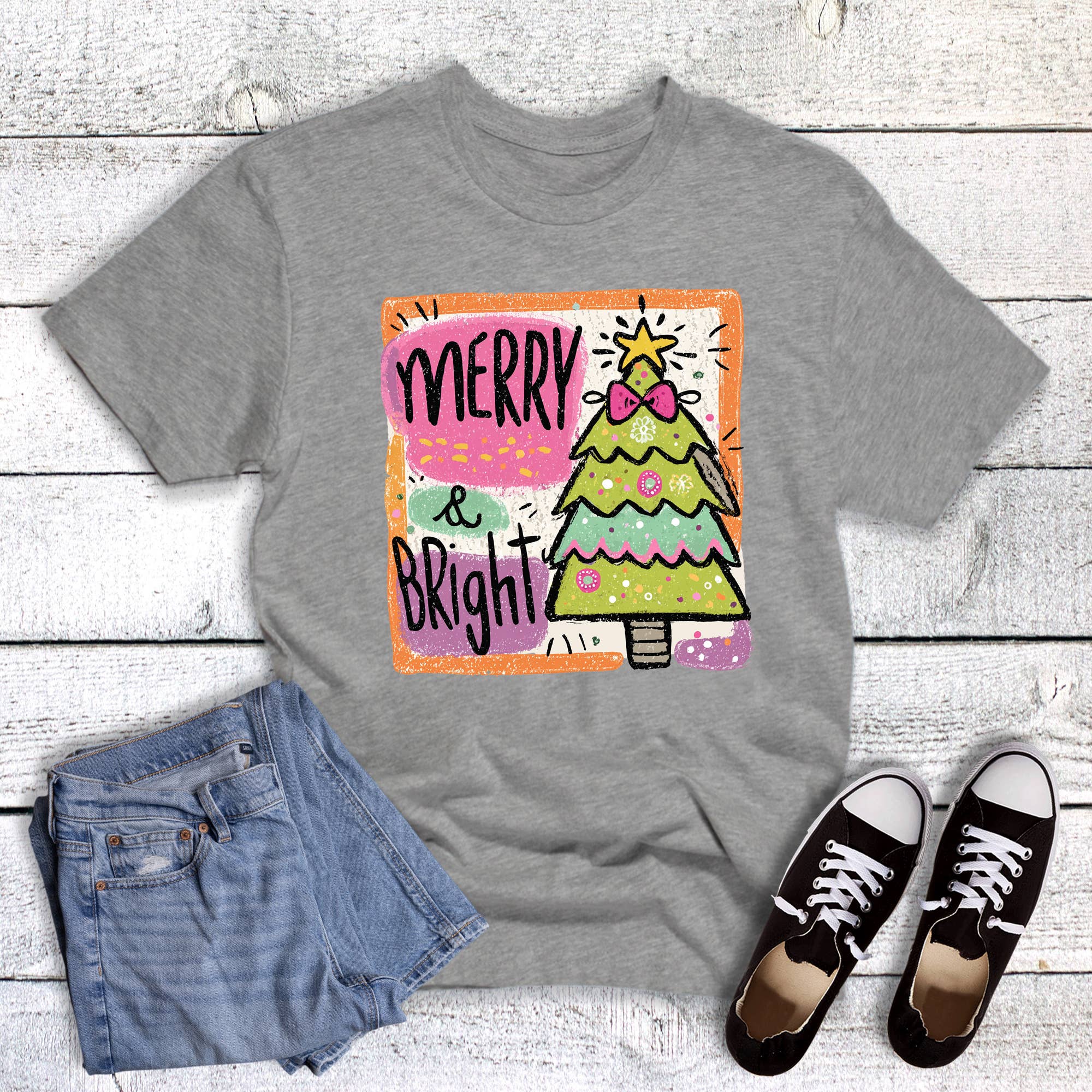 Christmas Merry and Bright Bow Tree Graphic Tee Hoodie, Sweatshirt | PodTeesHub.com