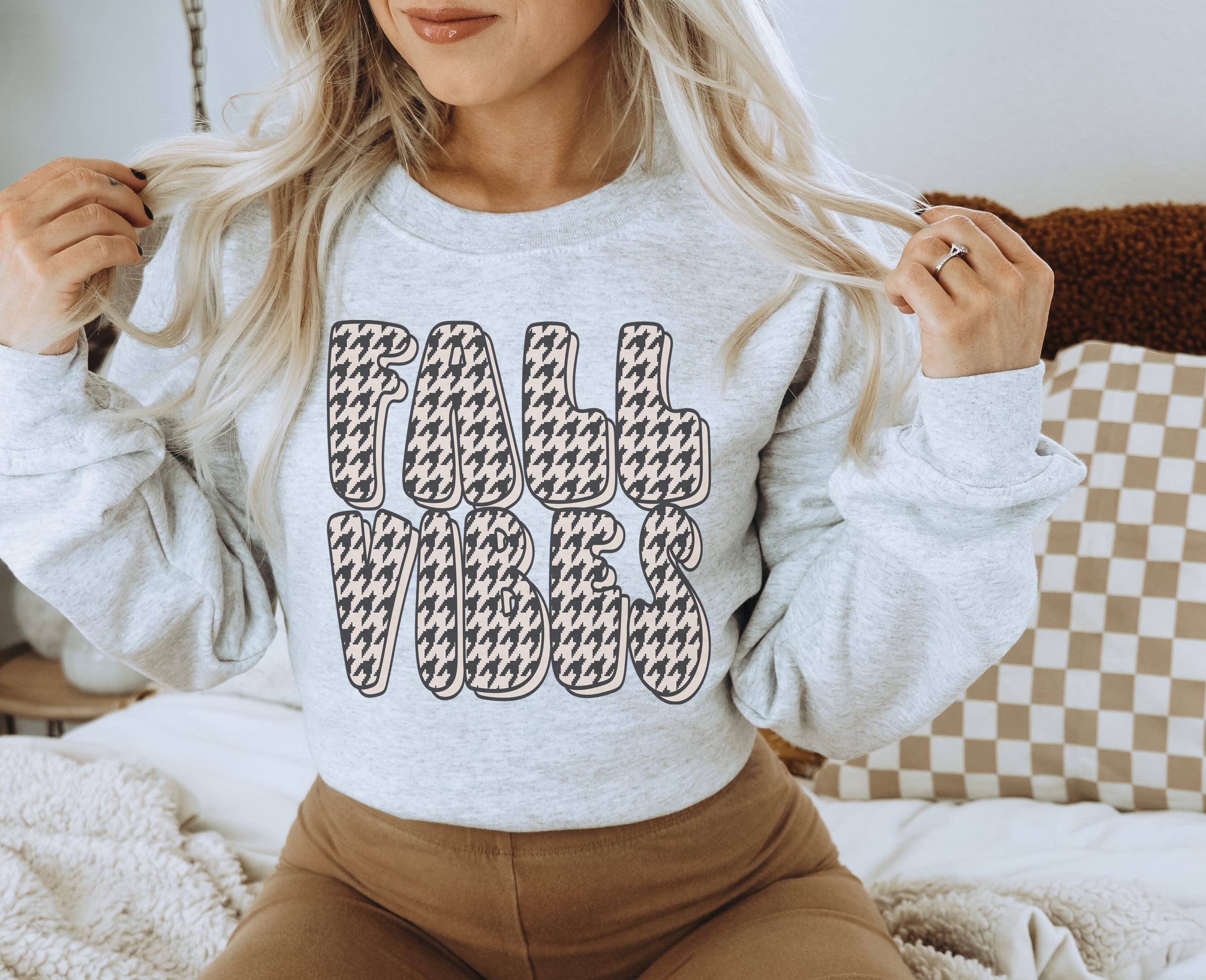 Fall Vibes Houndstooth Crew Neck Sweatshirt | Fall Sweat T-Shirts, Hoodie | PodTeesHub.com