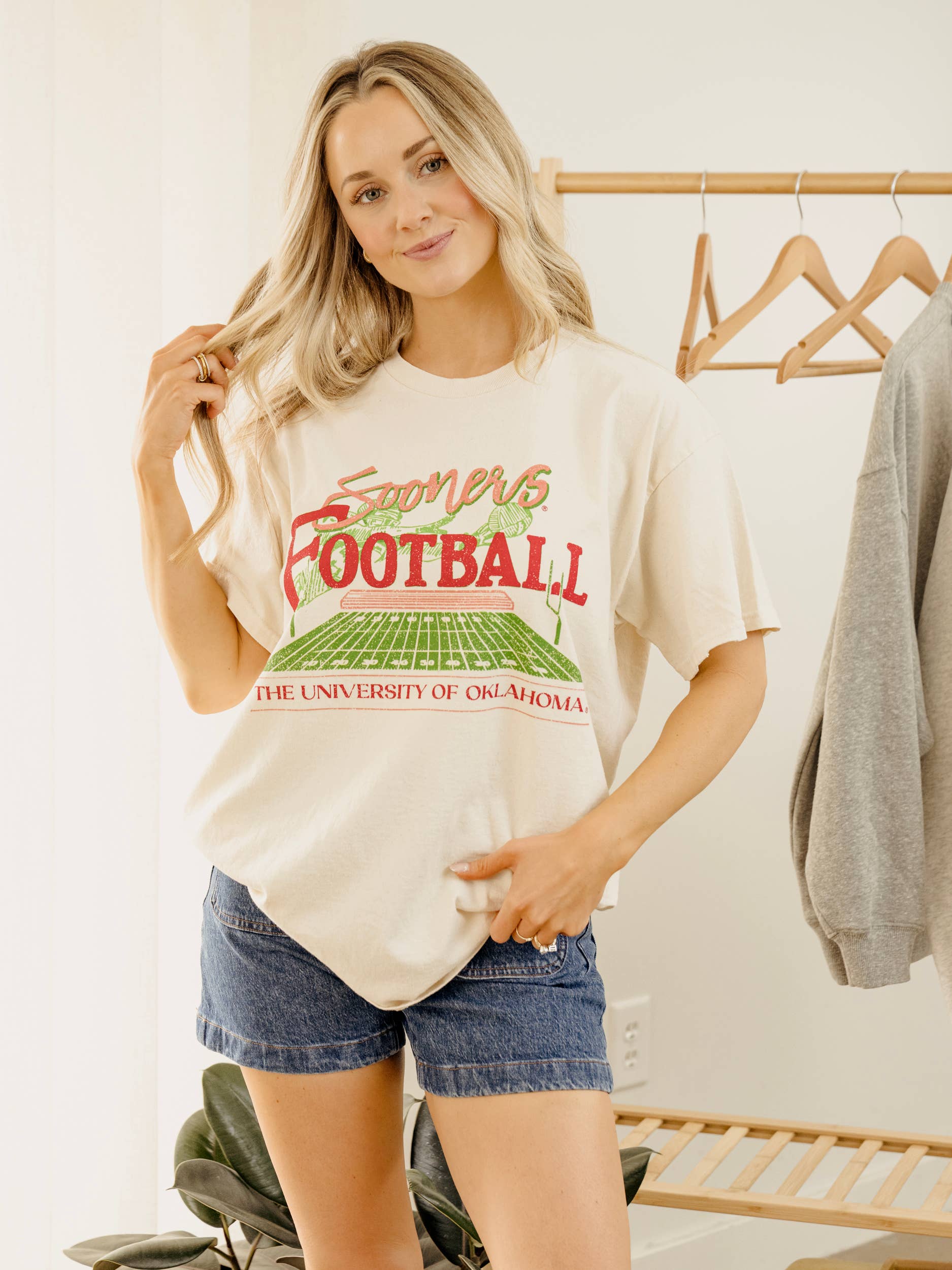 Ou Oklahoma Sooners Football Field Off White Thrifted Tee Hoodie, Sweatshirt | PodTeesHub.com