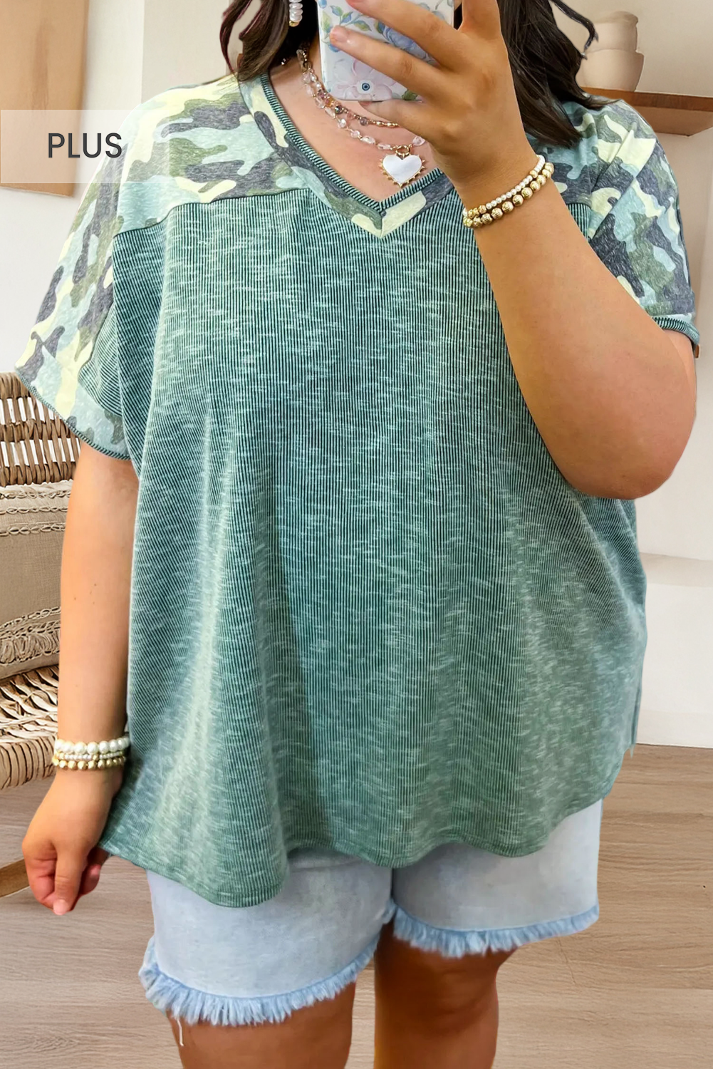 Ribbed Camouflage Patchwork Plus Size V Neck Tee Hoodie, Sweatshirt | PodTeesHub.com